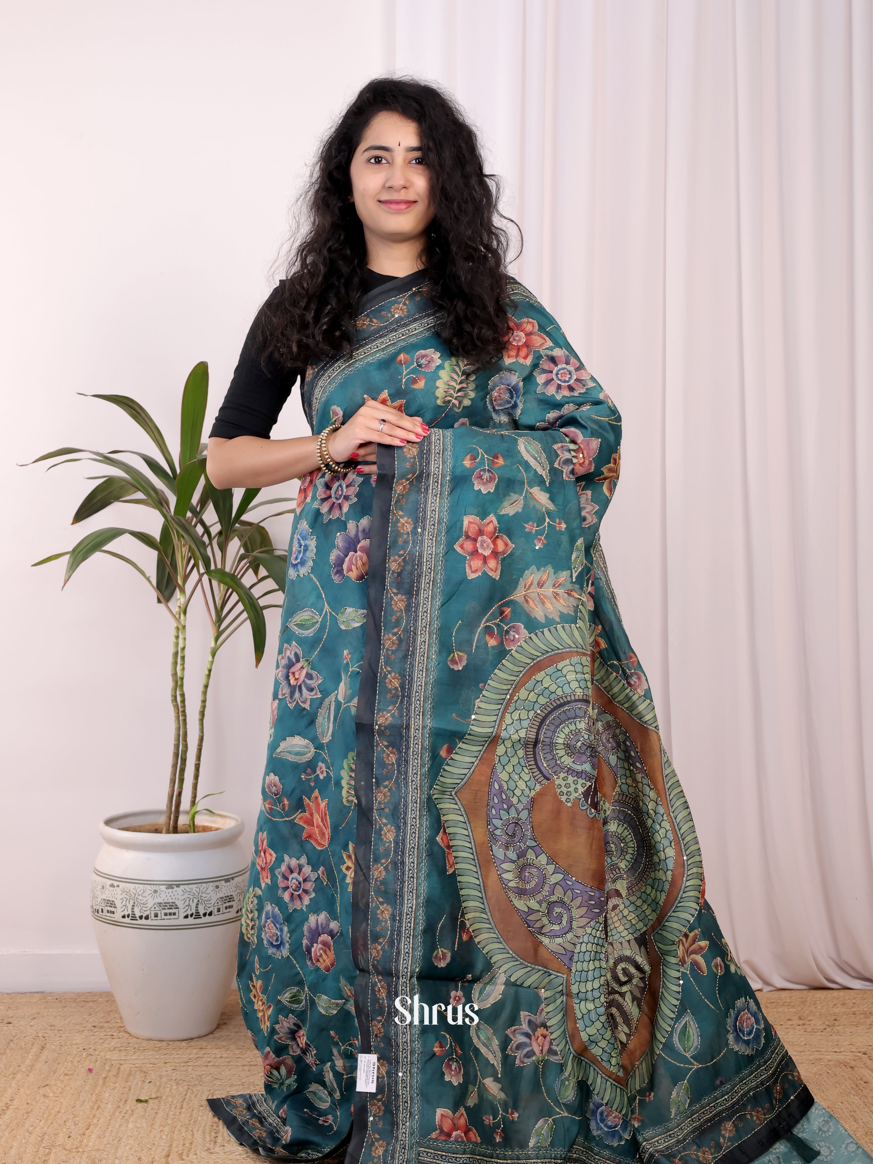 Blue- Semi Kantha Saree - Shop on Shrus.com