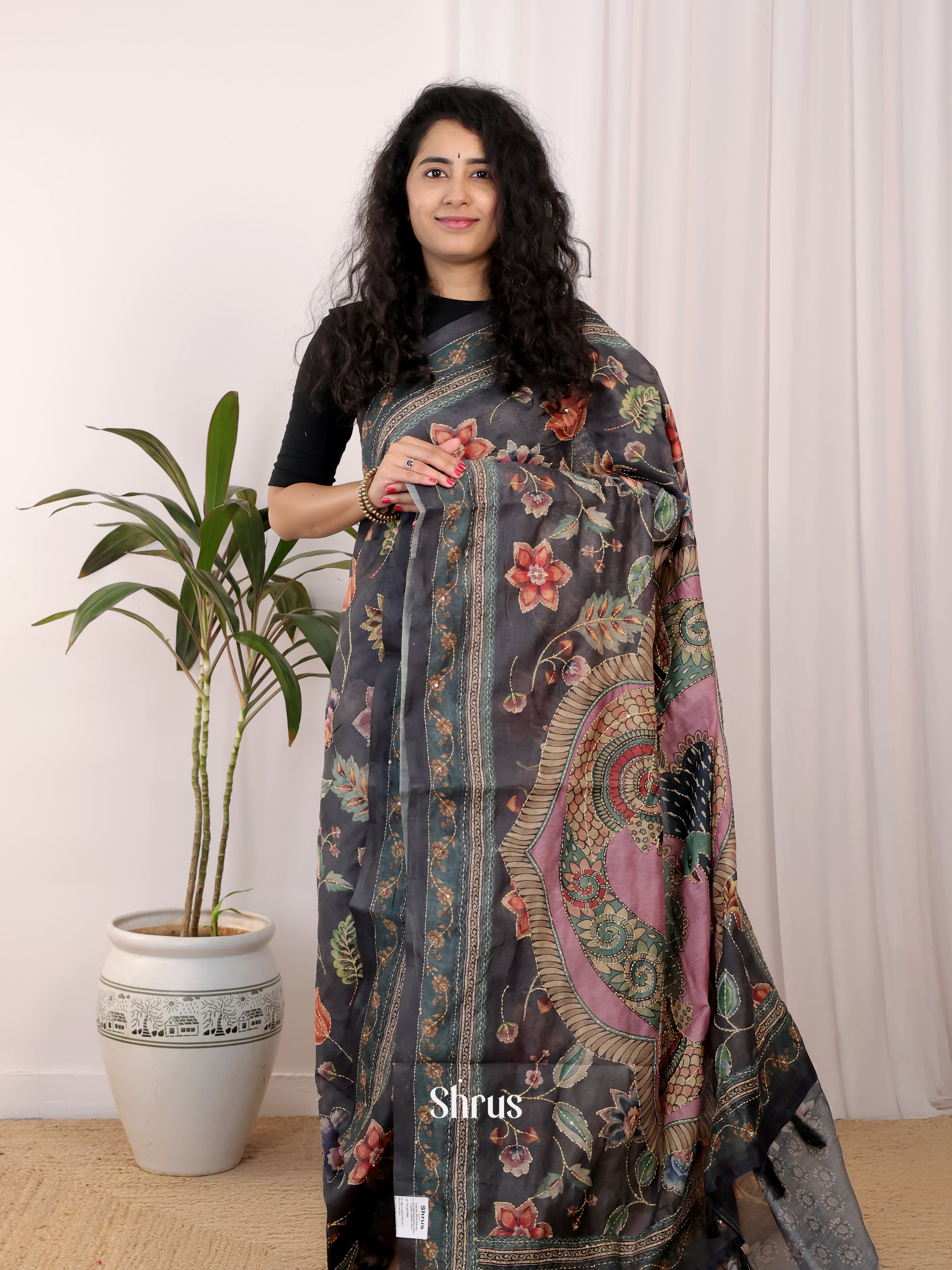 Elephant Black & Purple - Semi Kantha Saree - Shop on Shrus.com