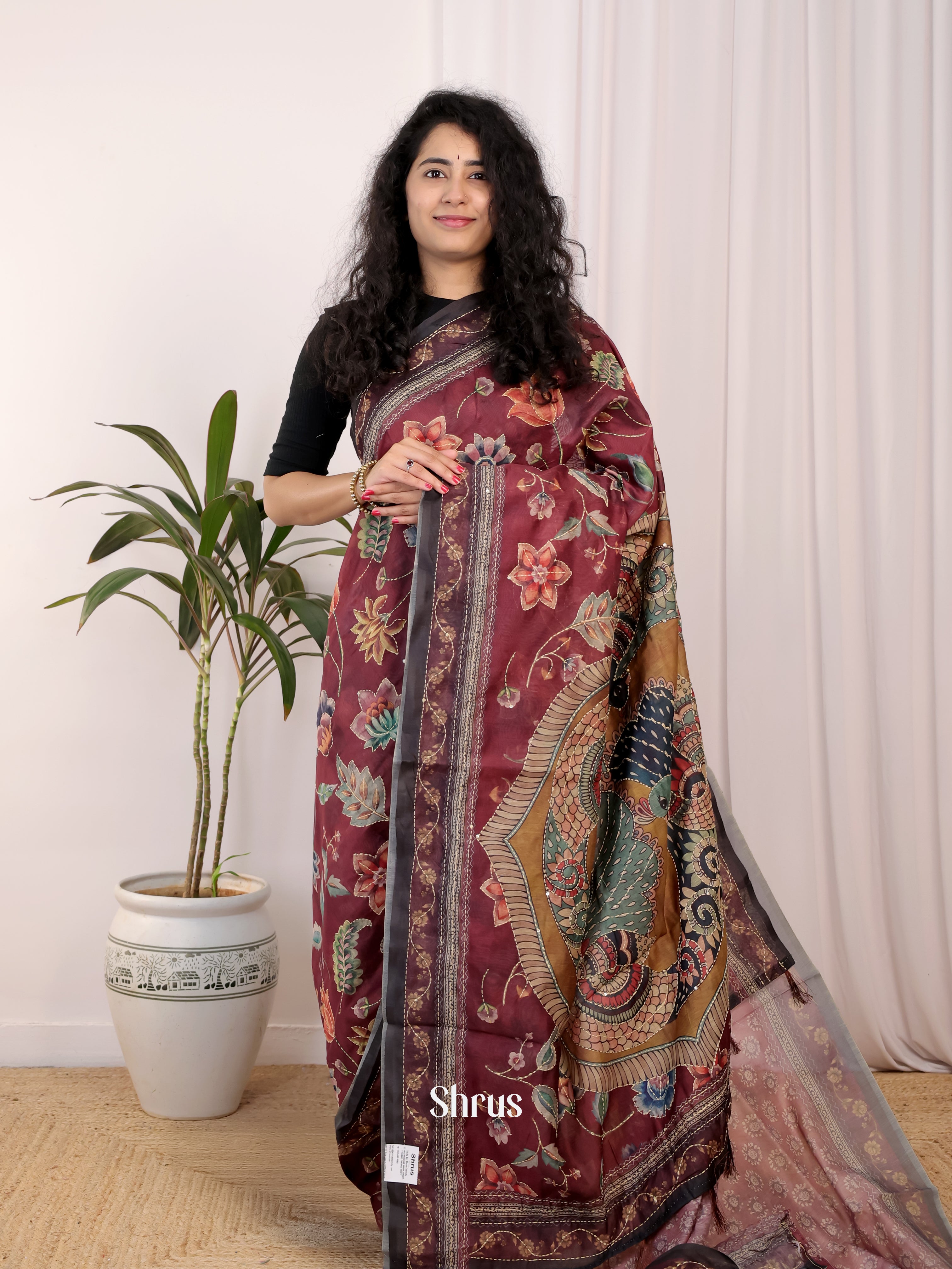 Brown & Mustard - Semi Kantha Saree - Shop on Shrus.com