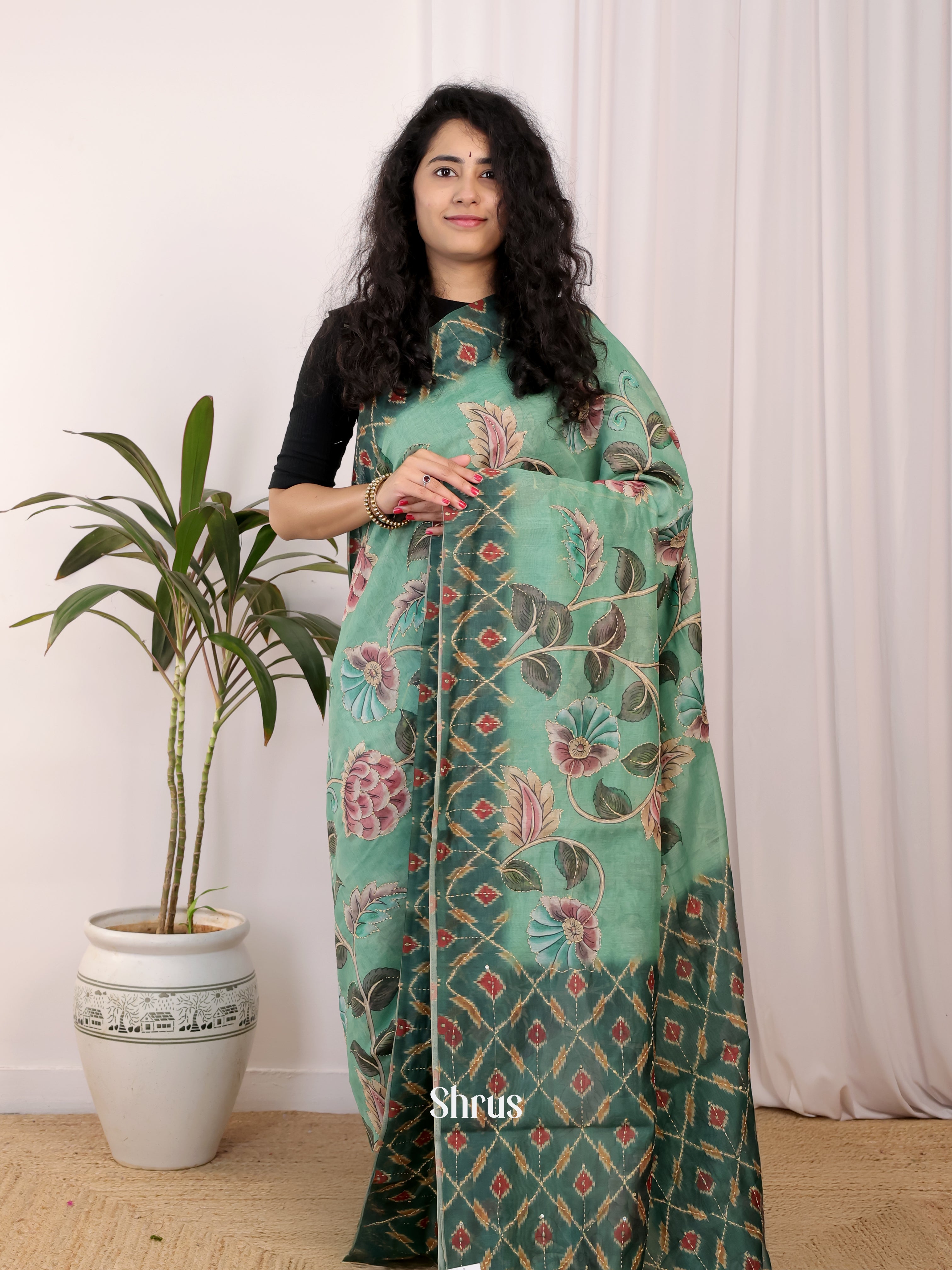 Green - Semi Kantha Saree - Shop on Shrus.com