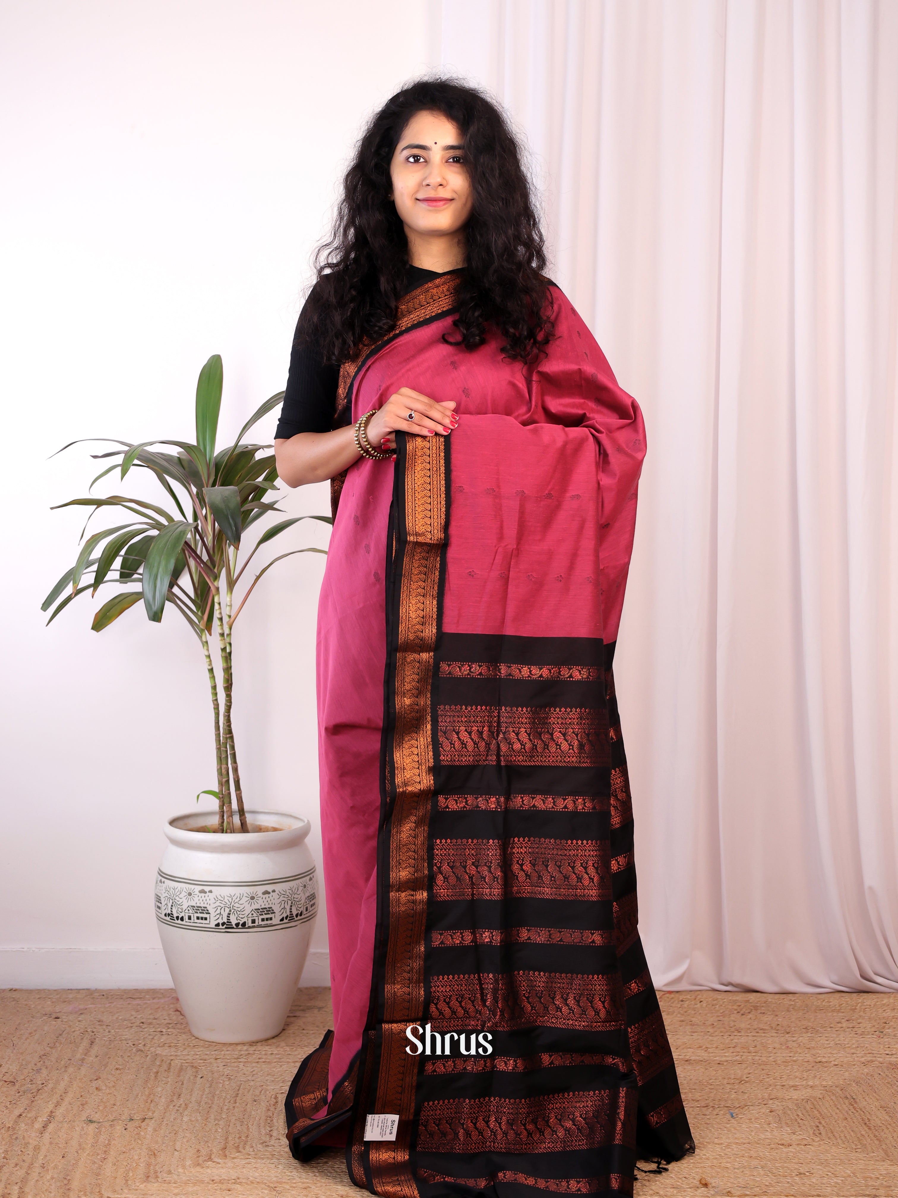Pink & Black- Kalyani Cotton Saree - Shop on Shrus.com