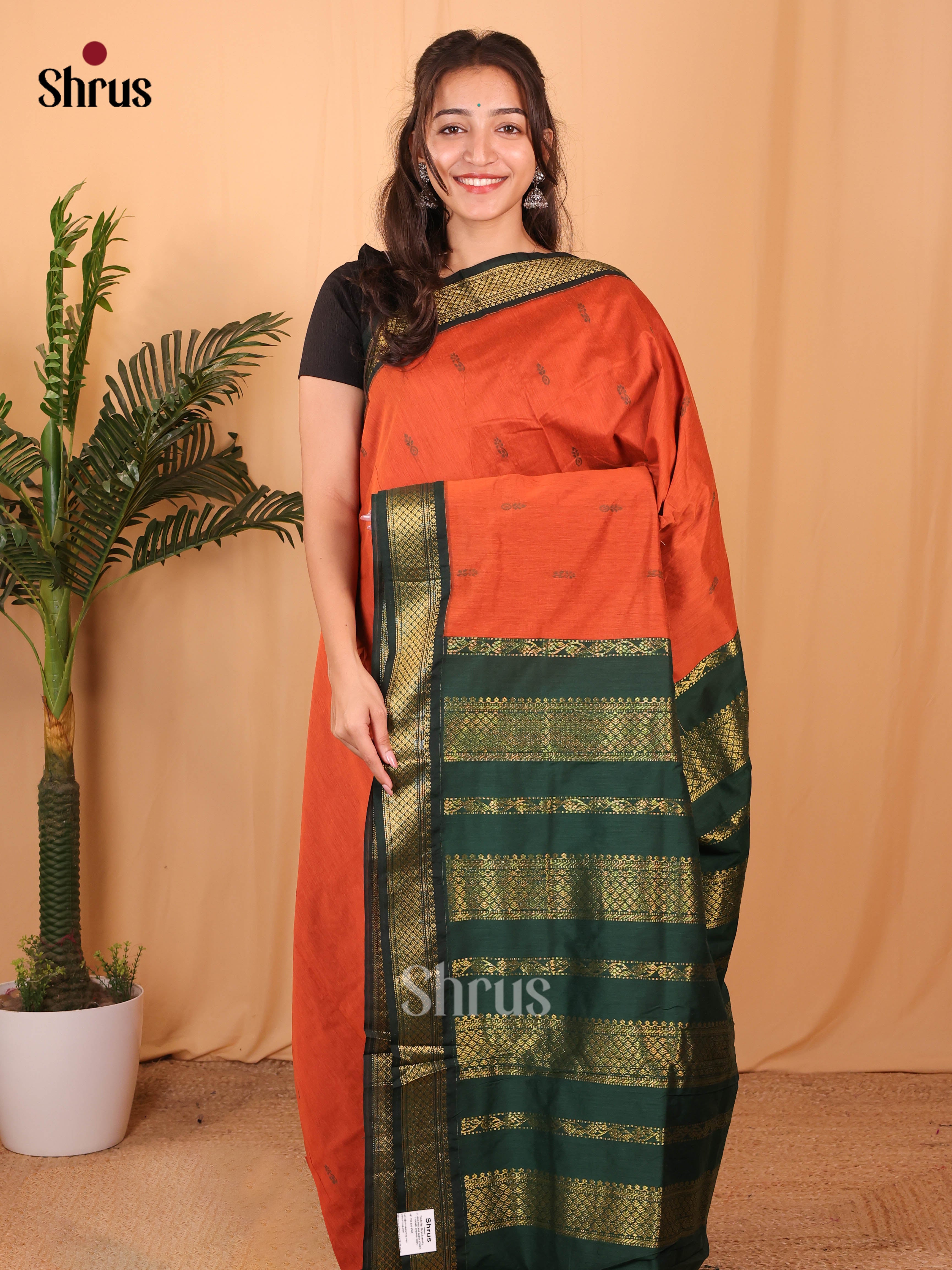 Orange & Green - Kalyani Cotton Saree - Shop on Shrus.com