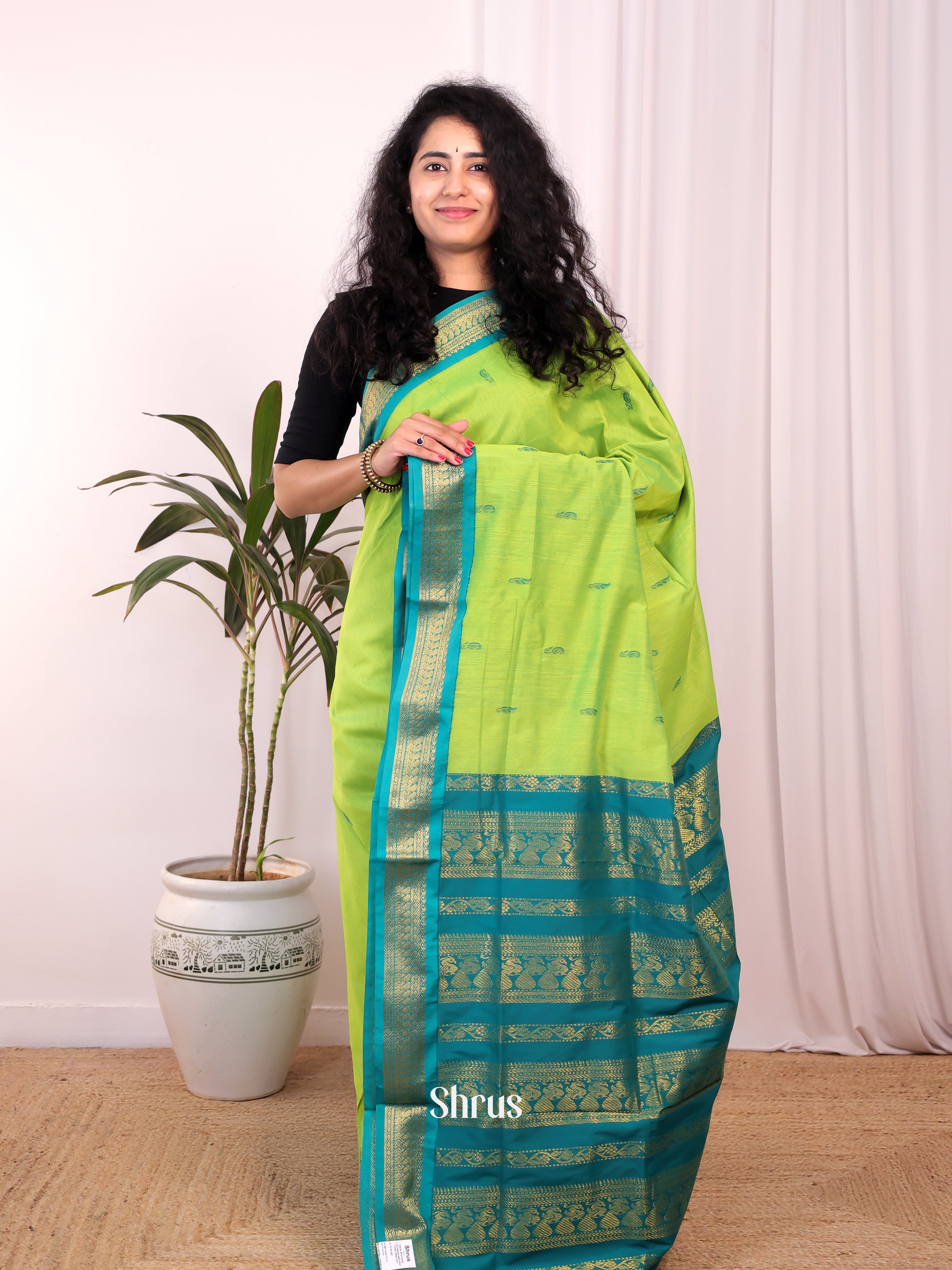 Lite Green & Green - Kalyani Cotton Saree - Shop on Shrus.com