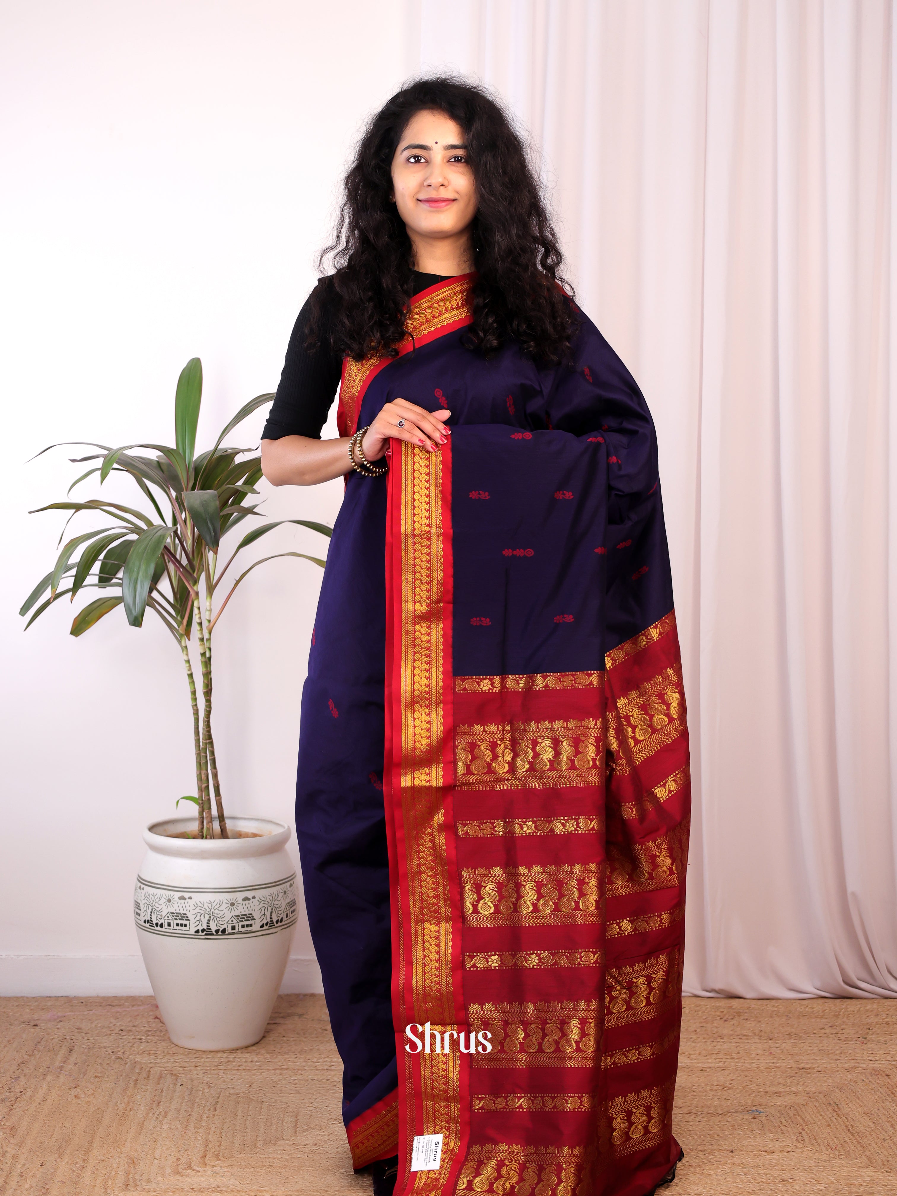 Blue & Red - Kalyani Cotton Saree - Shop on Shrus.com