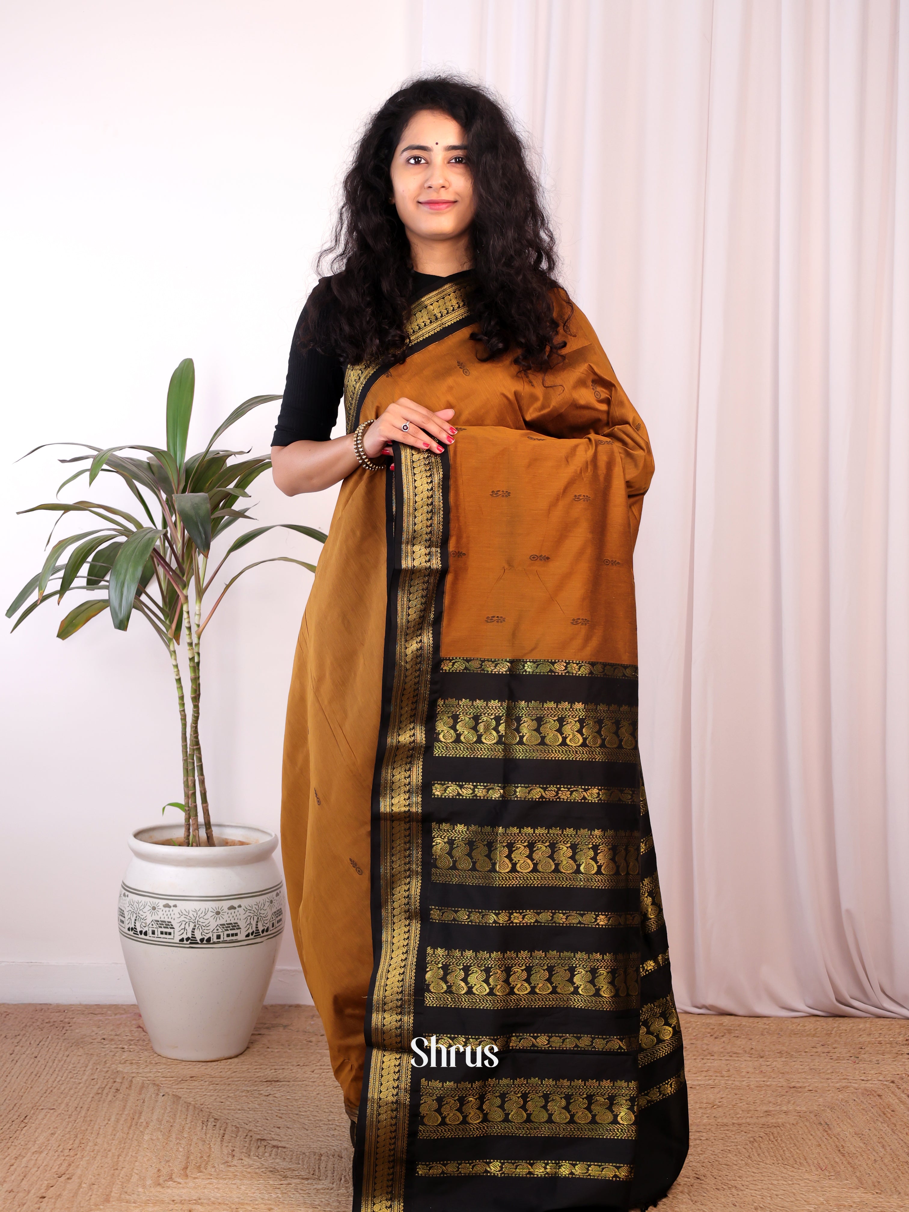 Dark Mustard & Black- Kalyani Cotton Saree - Shop on Shrus.com