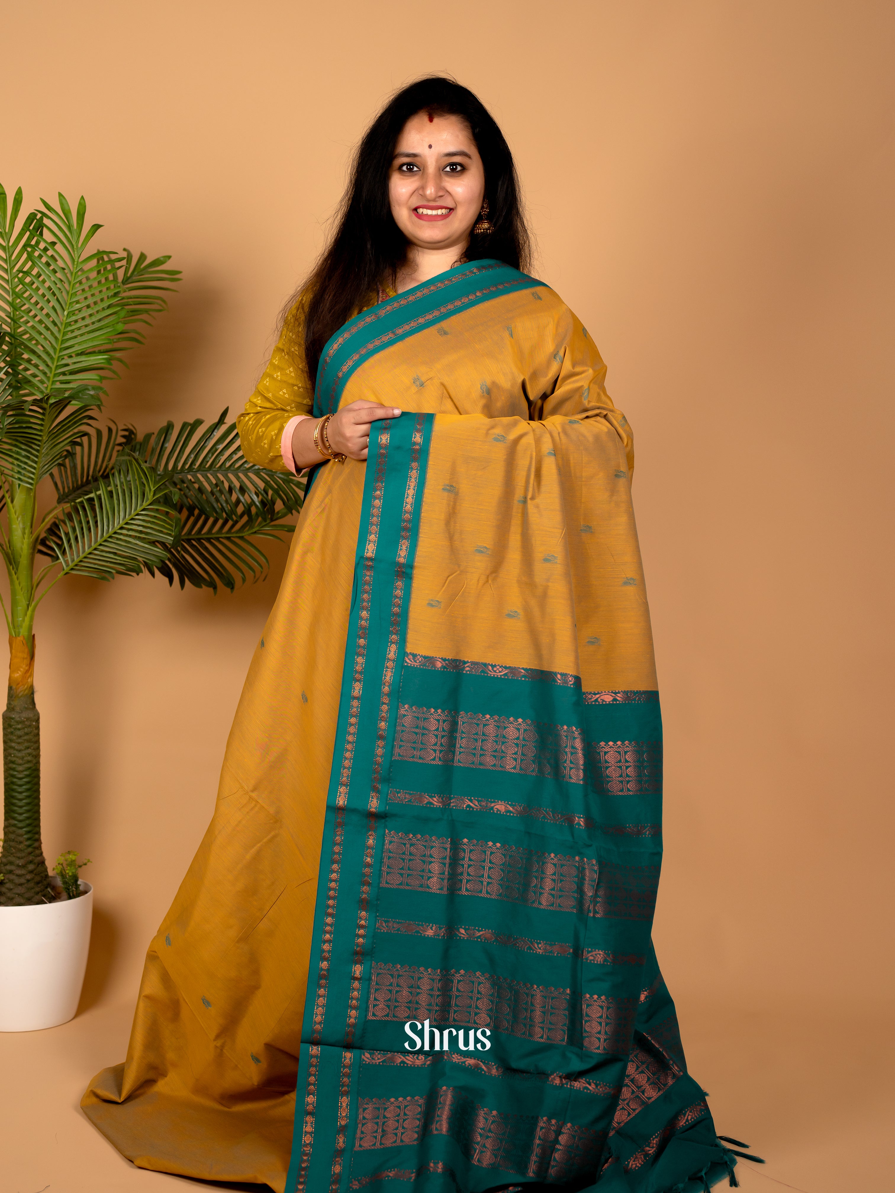Mustard & Teal - Kalyani Cotton Saree - Shop on Shrus.com