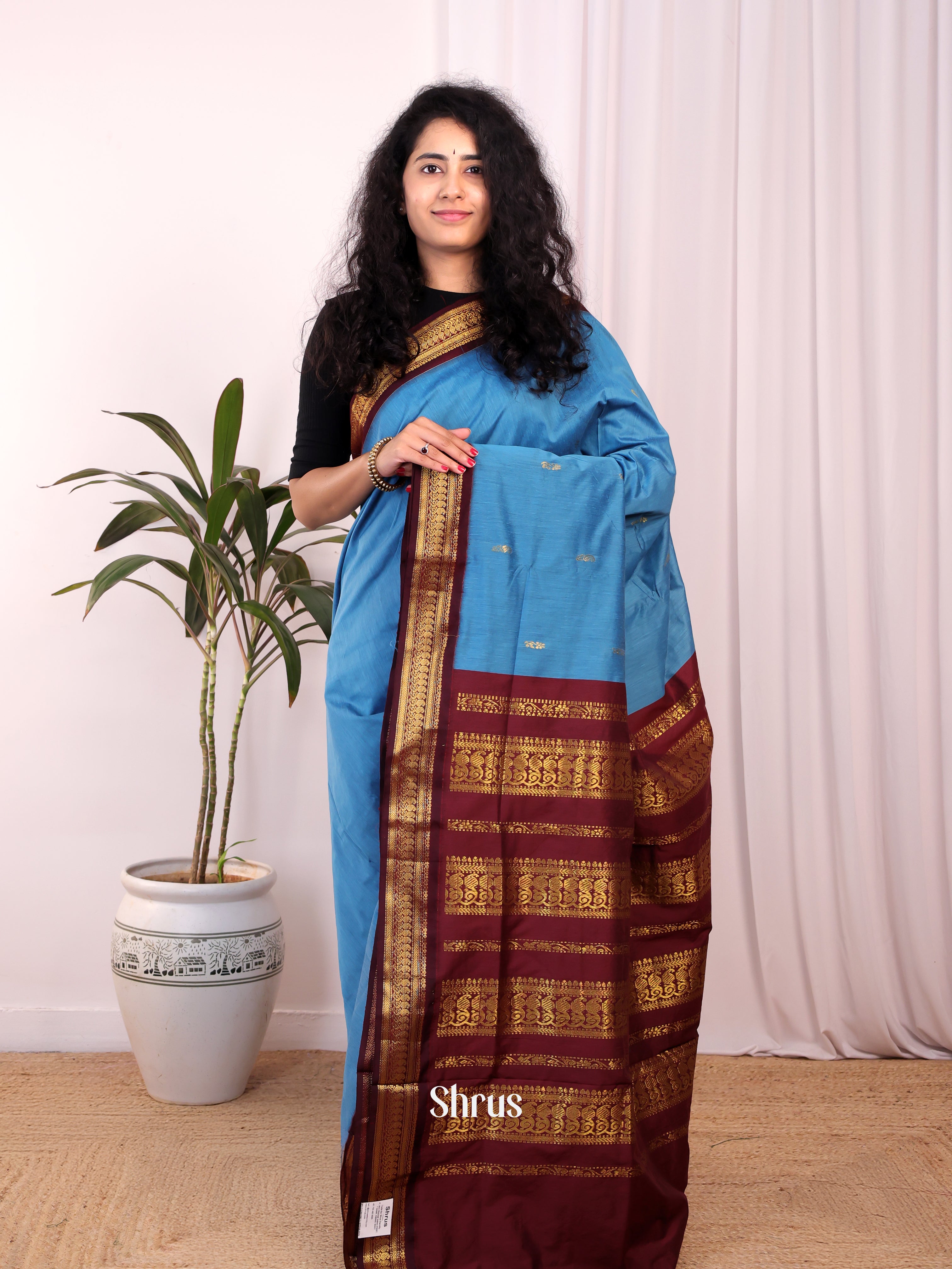 Blue & Maroon - Kalyani Cotton Saree - Shop on Shrus.com