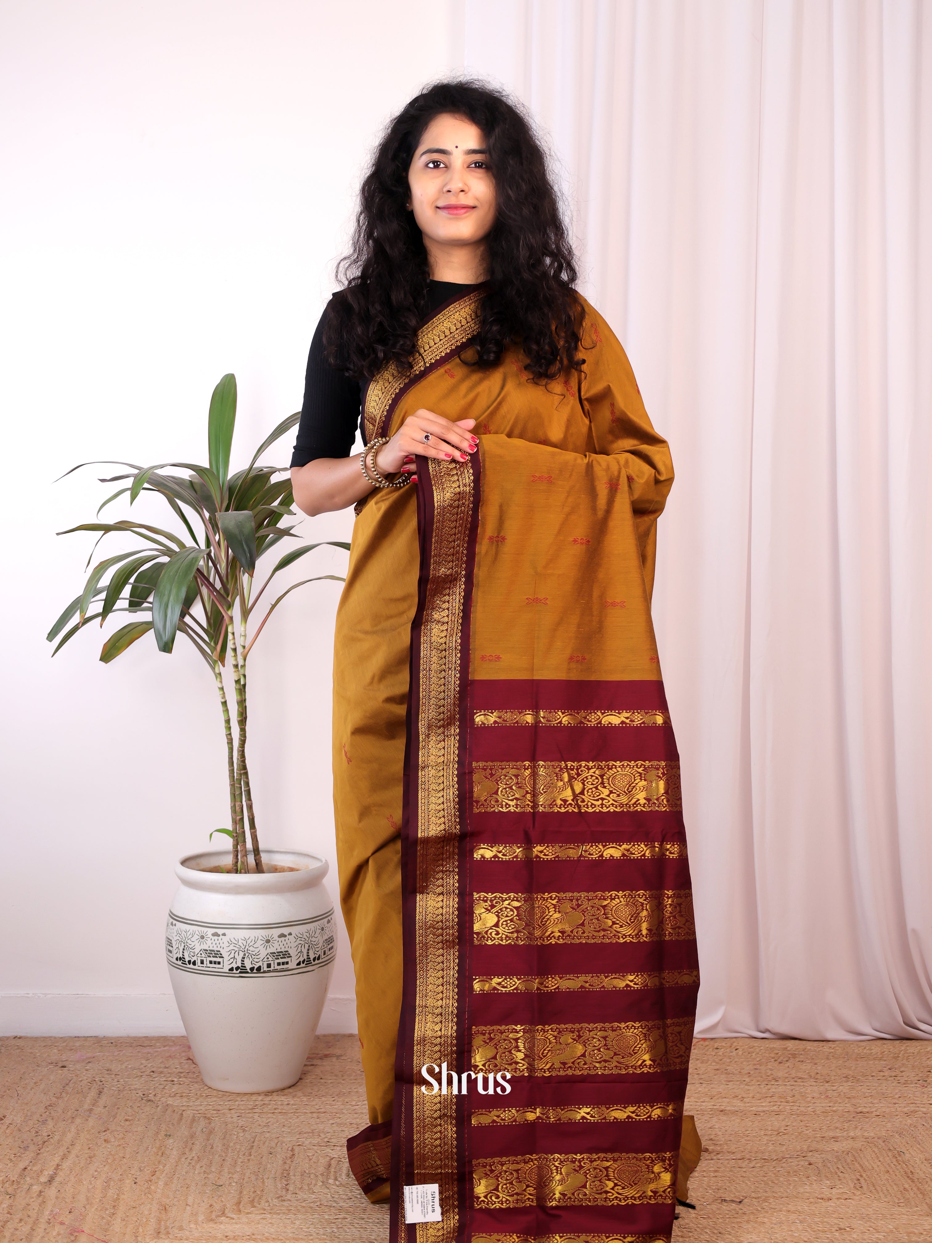 Dark Mustard & Maroon- Kalyani Cotton Saree - Shop on Shrus.com