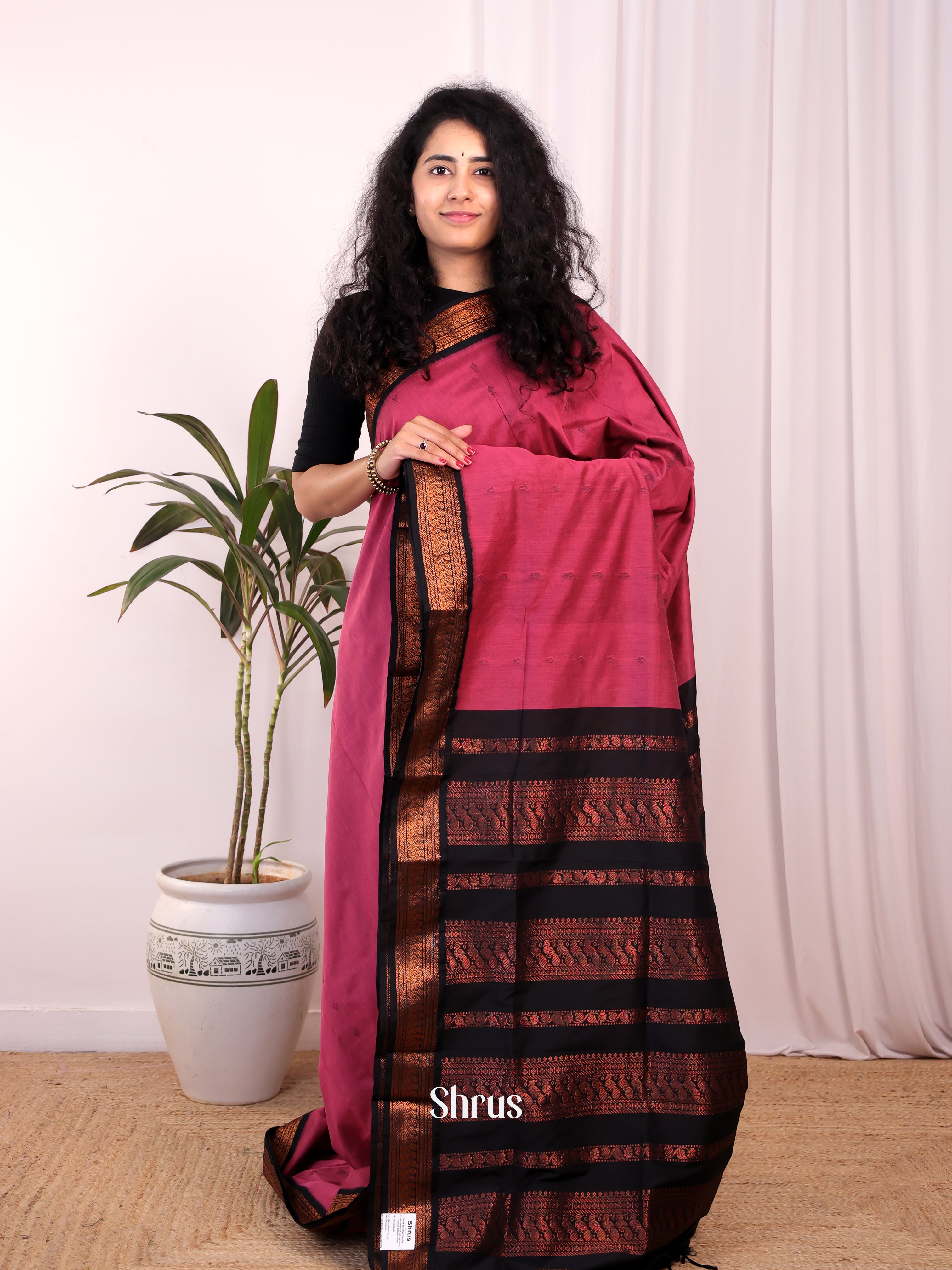 Pink & Black - Kalyani Cotton Saree - Shop on Shrus.com