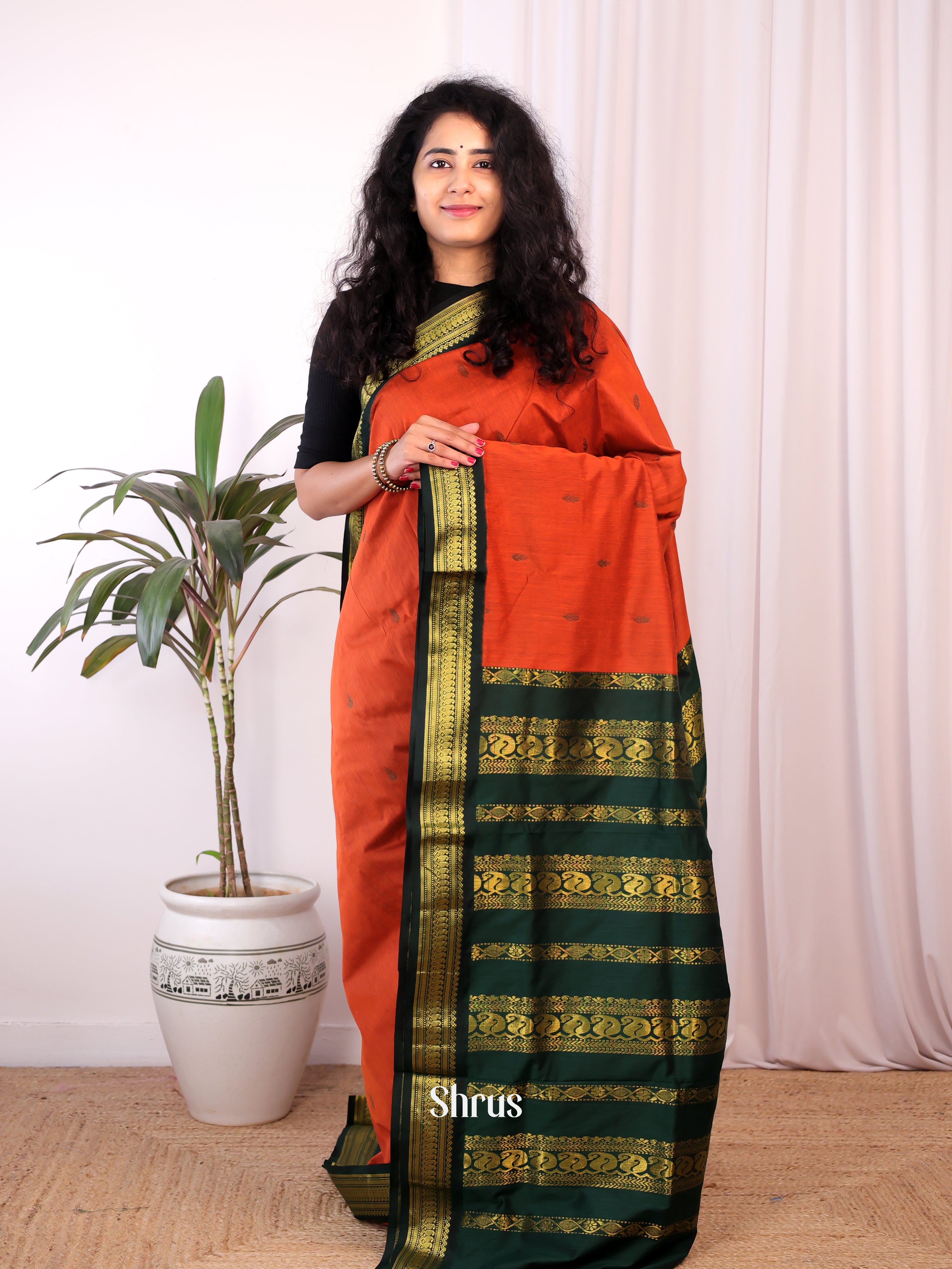 Orange & Green- Kalyani Cotton Saree - Shop on Shrus.com