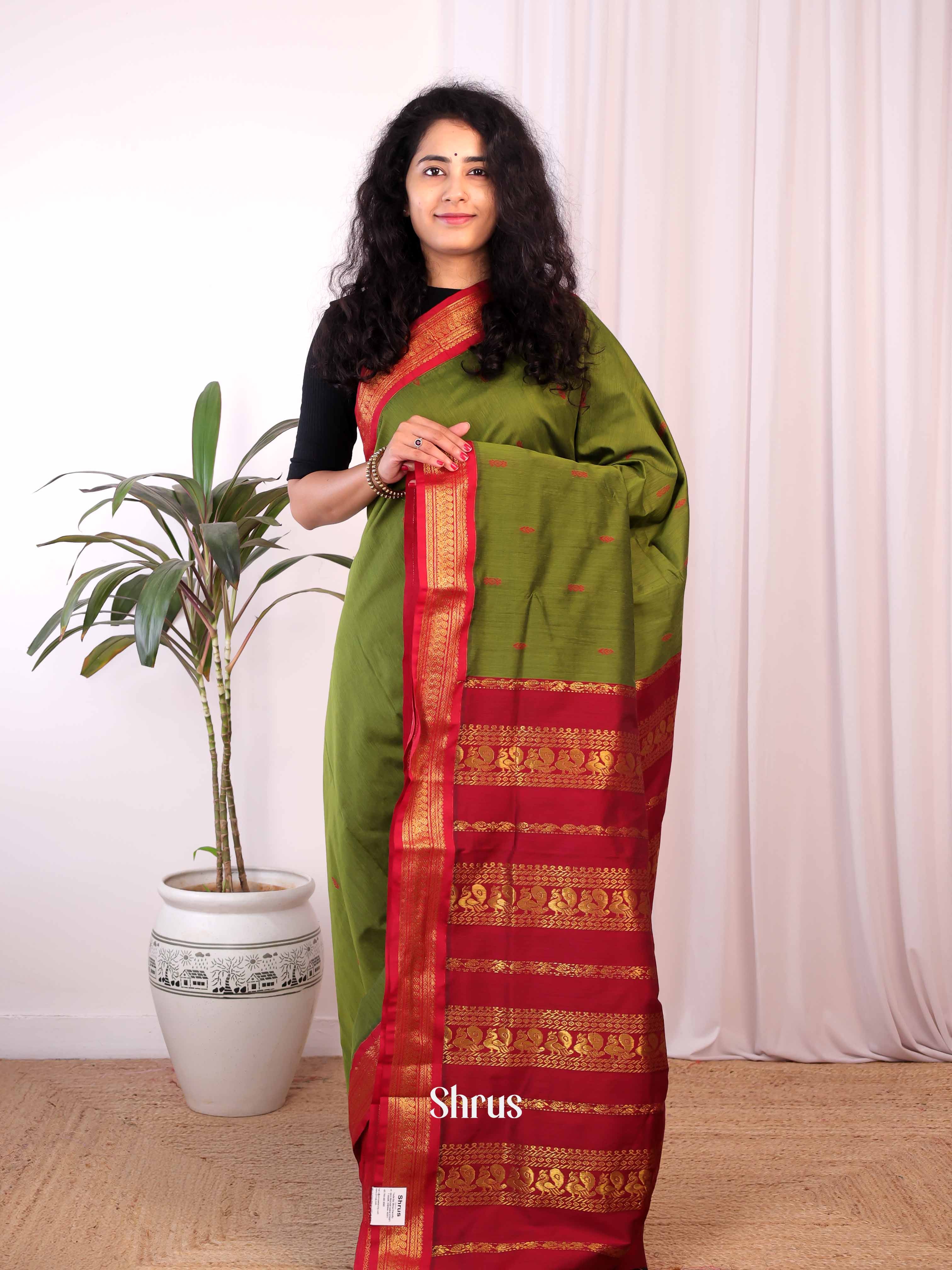 Exquisite Green Kalyani Cotton With Maroon Border & Pallu With golden Zari - Shop on Shrus.com