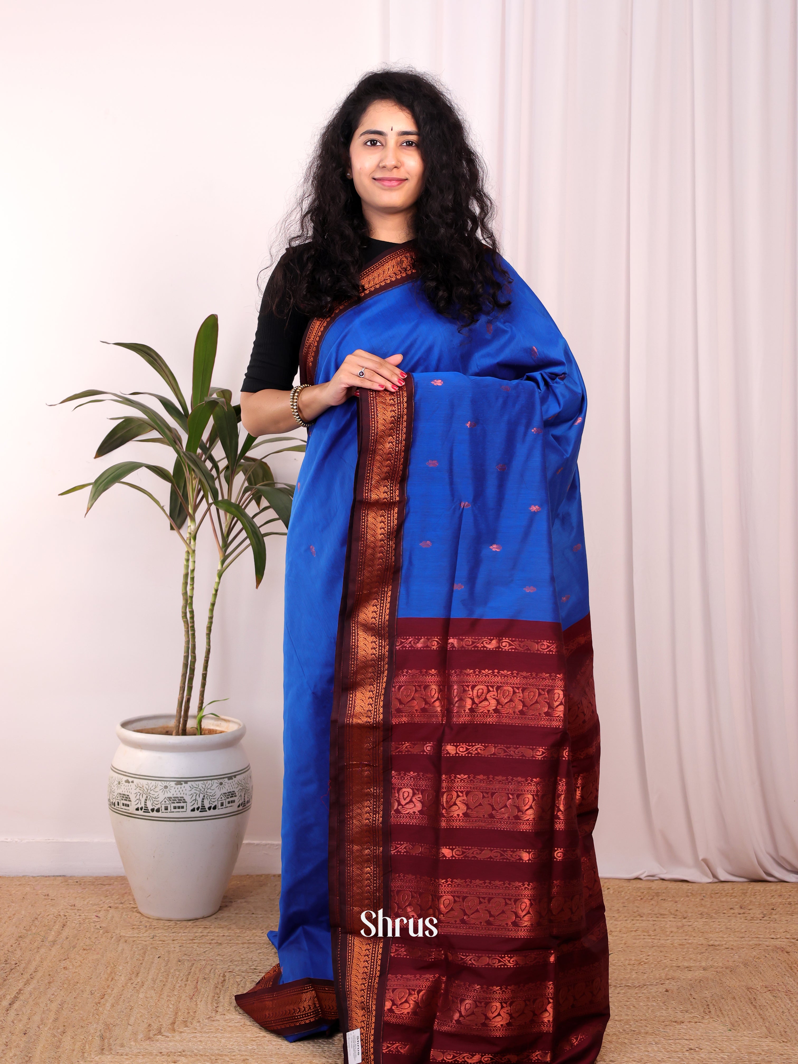 Blue & maroon- Kalyani Cotton Saree - Shop on Shrus.com