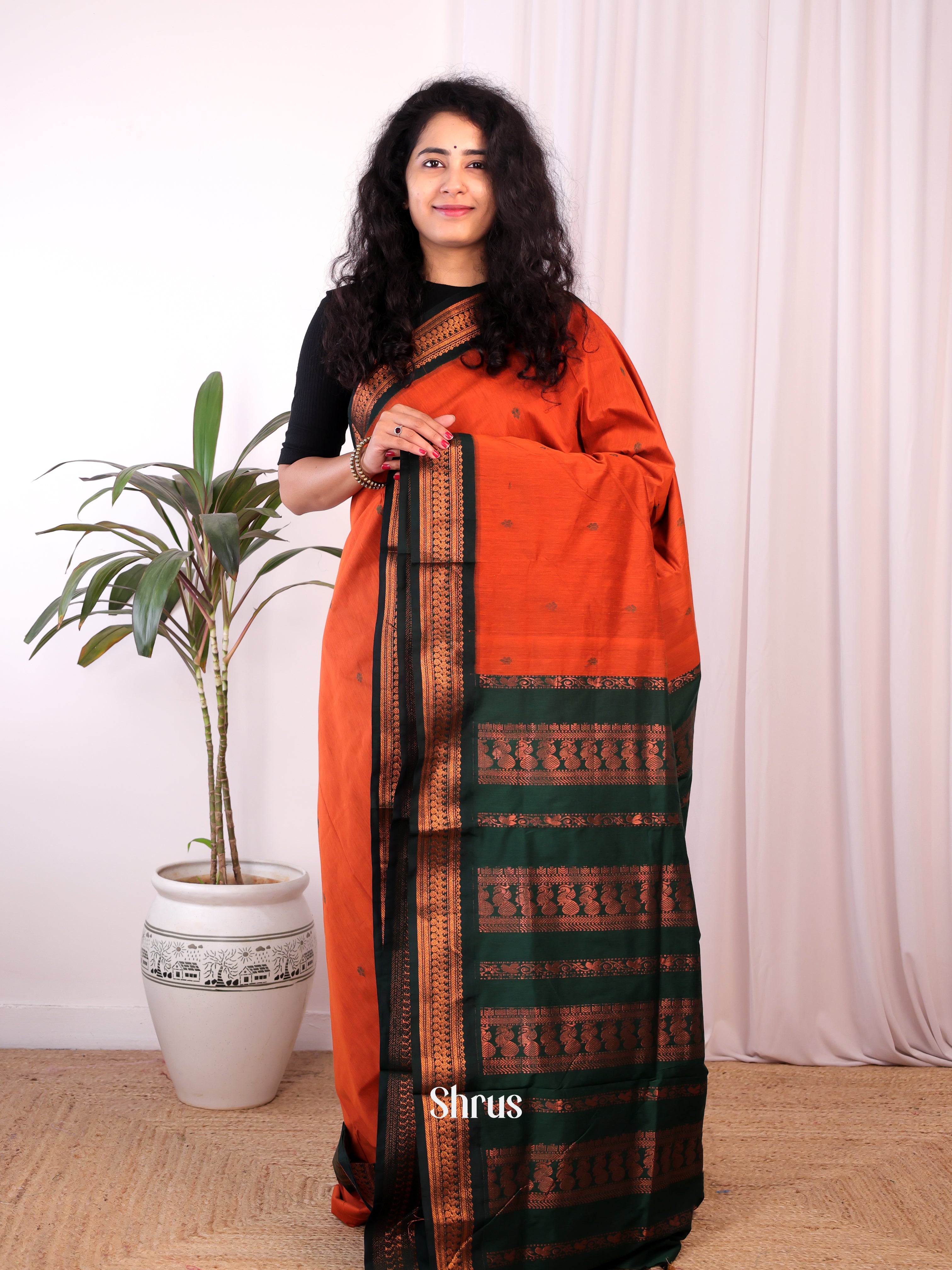 Orange & Green - Kalyani Cotton Saree - Shop on Shrus.com