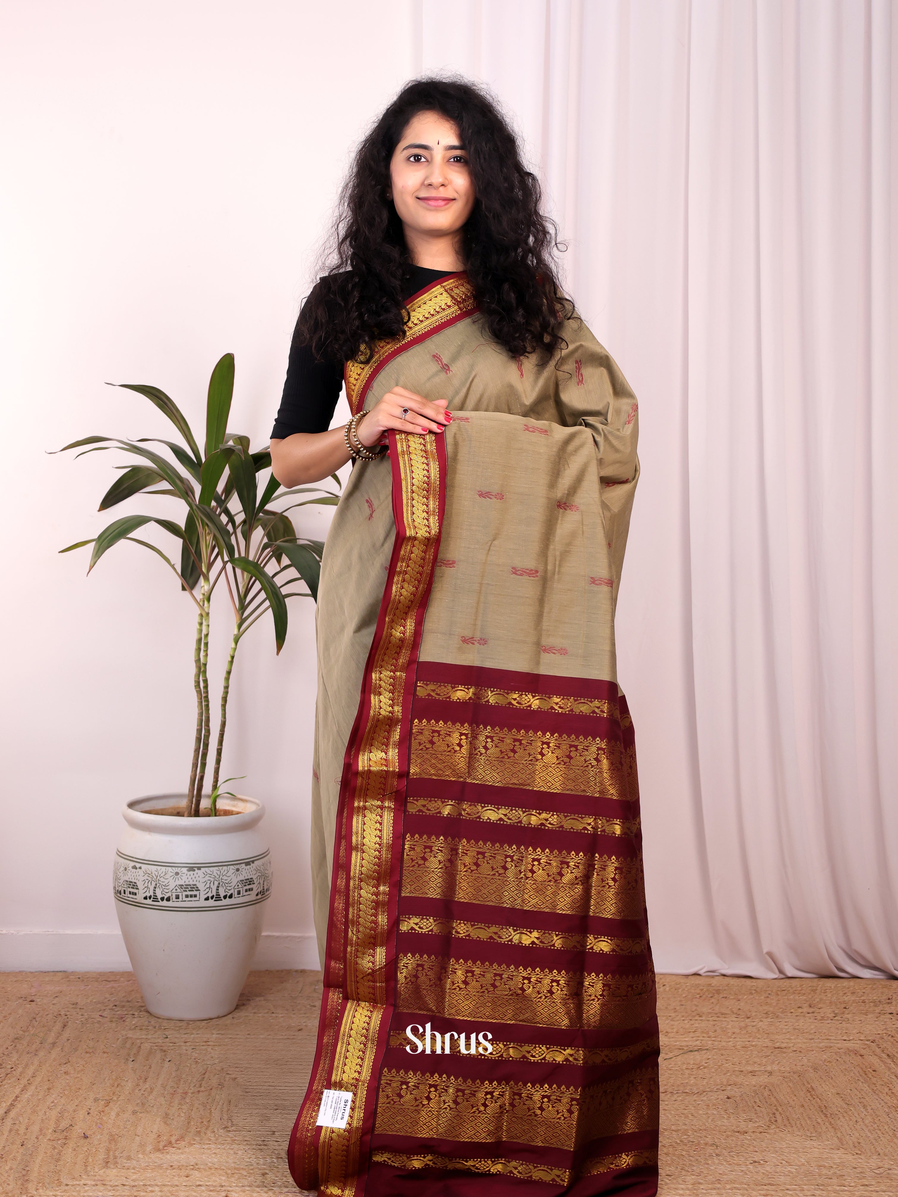 Grey & Maroon- Kalyani Cotton Saree - Shop on Shrus.com