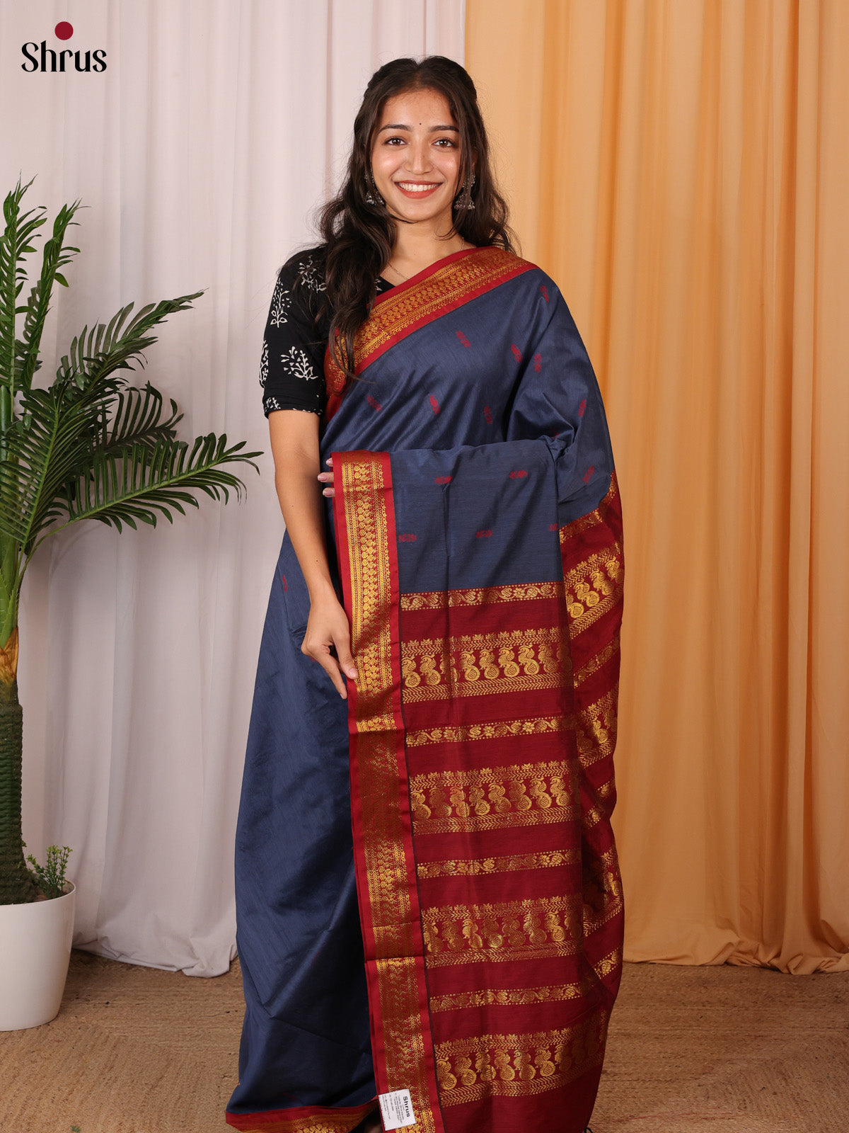 Blue & Maroon - Kalyani Cotton Saree - Shop on Shrus.com