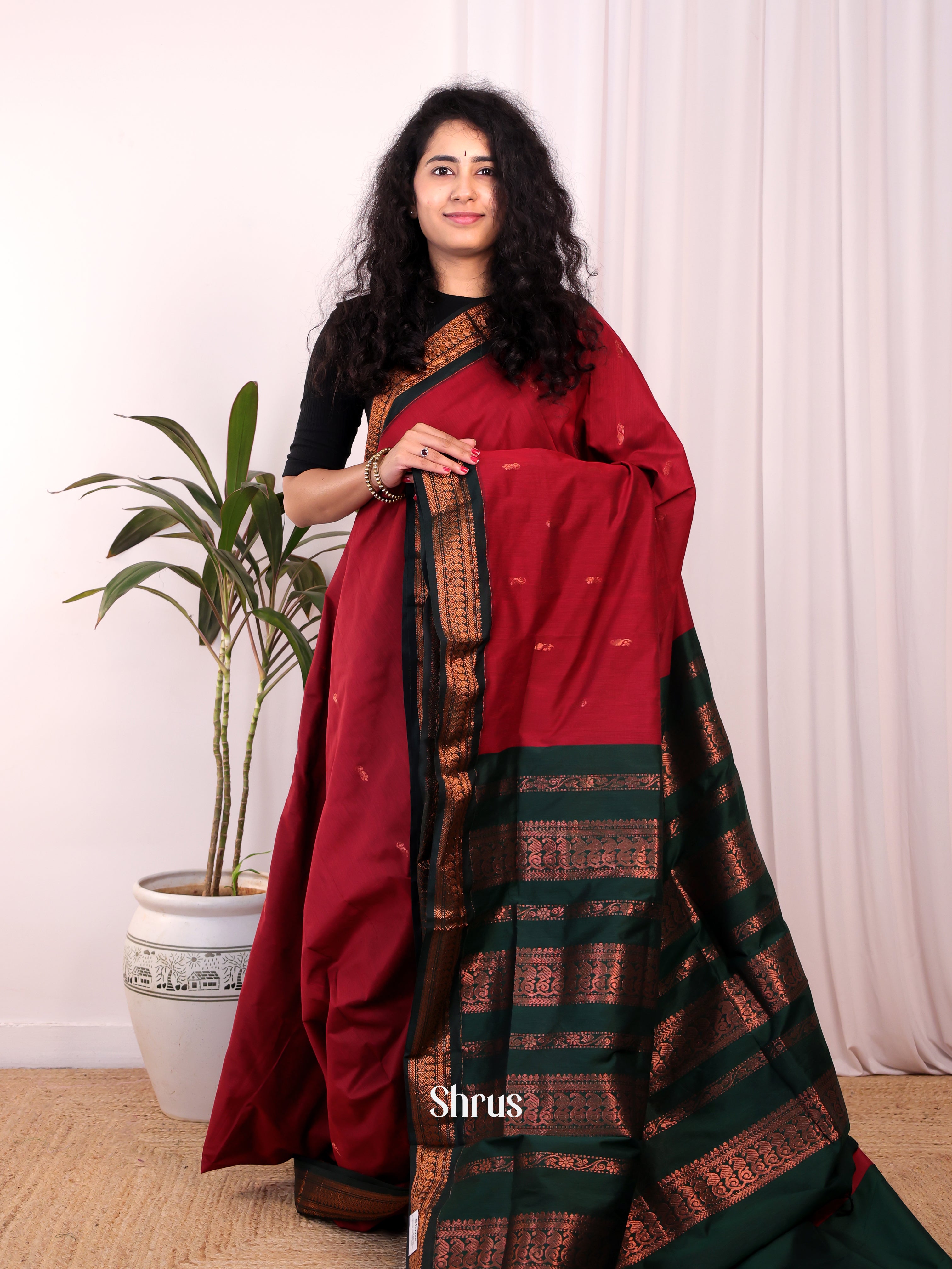 Maroon & Green - Kalyani Cotton Saree - Shop on Shrus.com