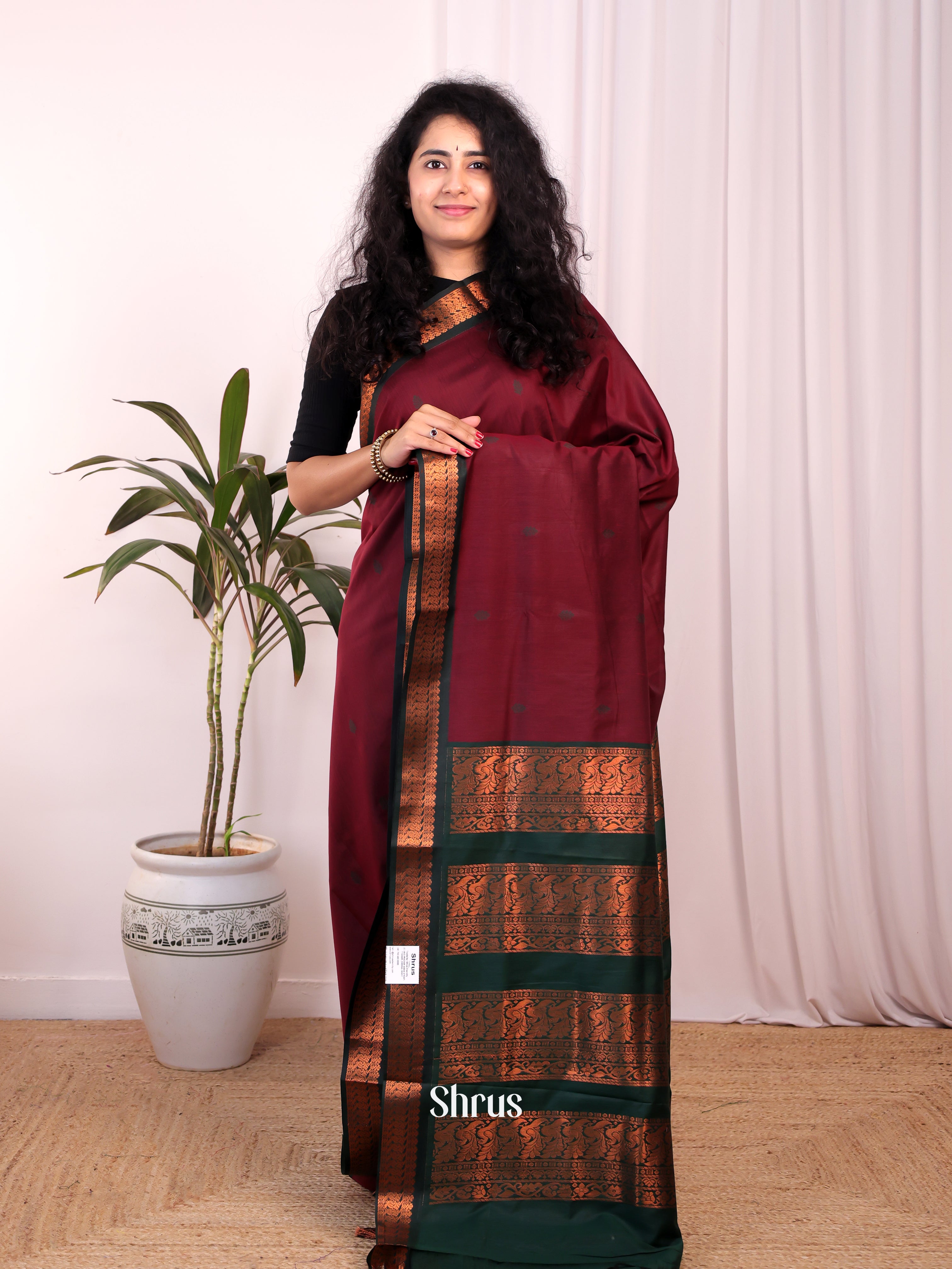 Maroon & Green - Kalyani Cotton Saree - Shop on Shrus.com