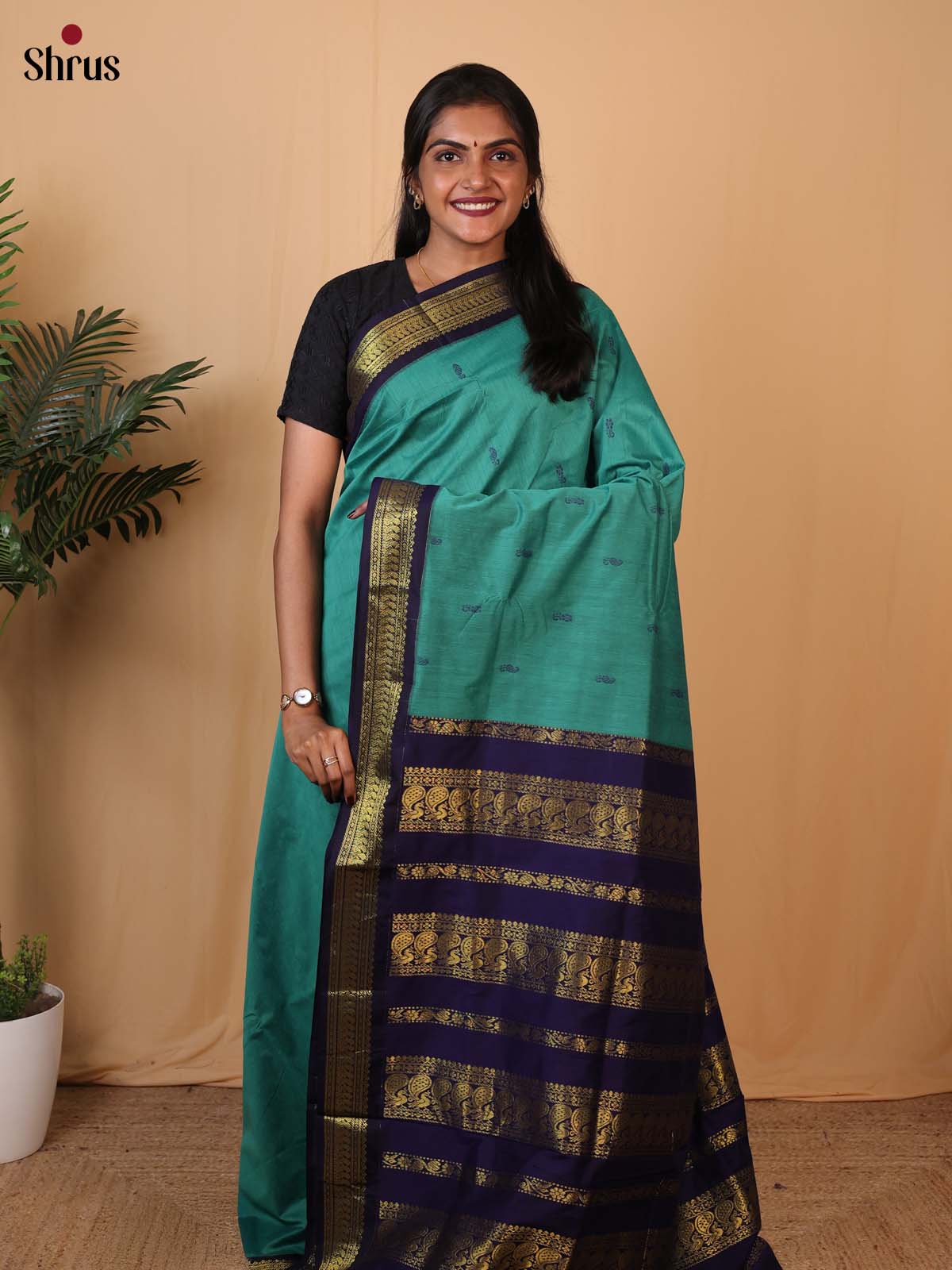 Teal Green & Blue - Kalyani Cotton Saree - Shop on Shrus.com