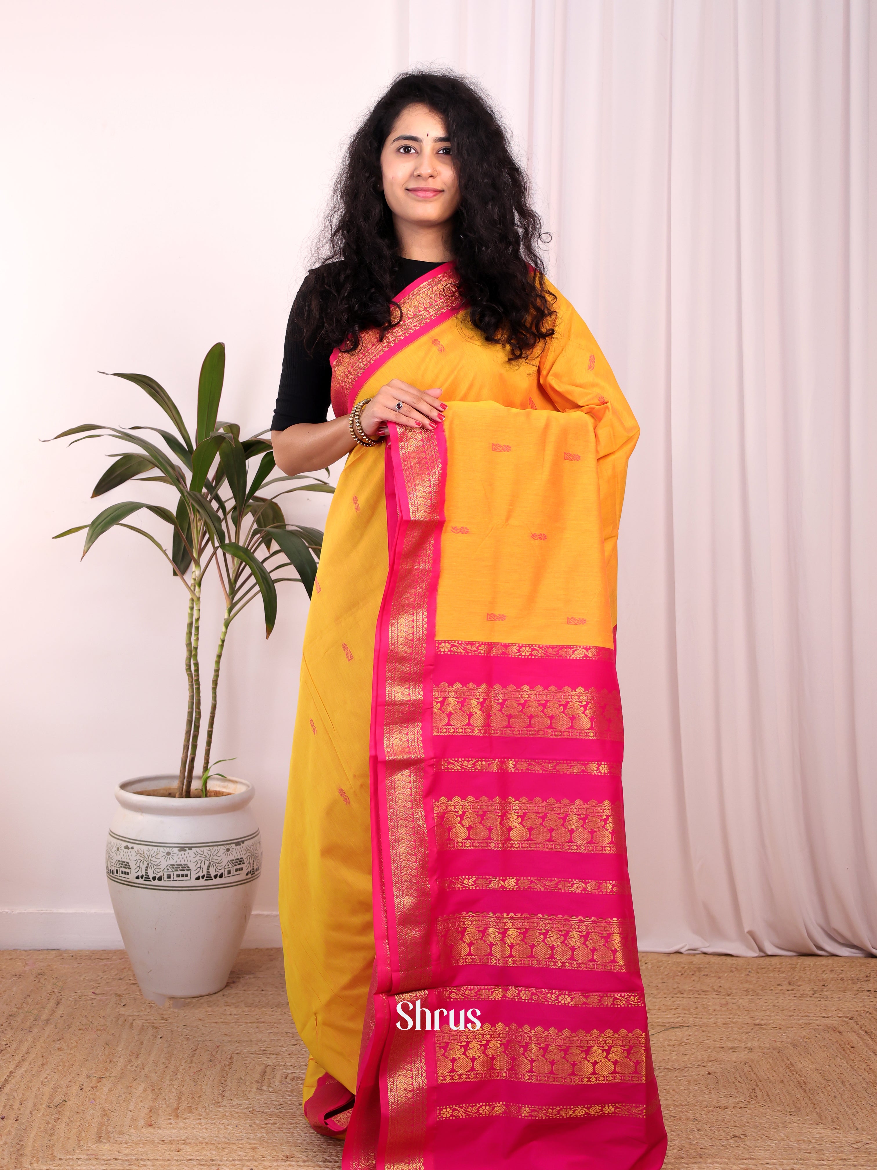 Yellow & Pink - Kalyani Cotton Saree - Shop on Shrus.com