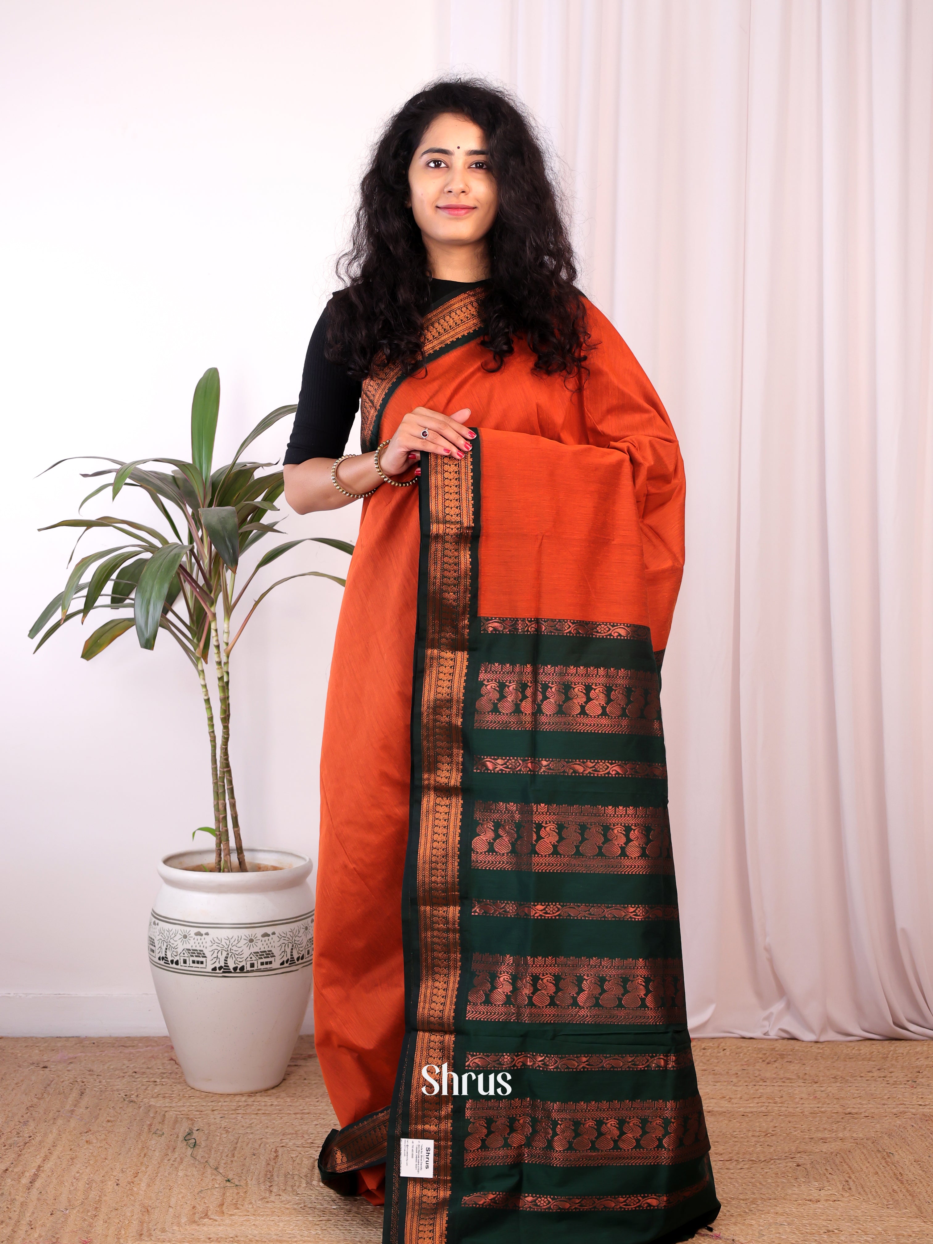 Orange & Green - Kalyani Cotton Saree - Shop on Shrus.com