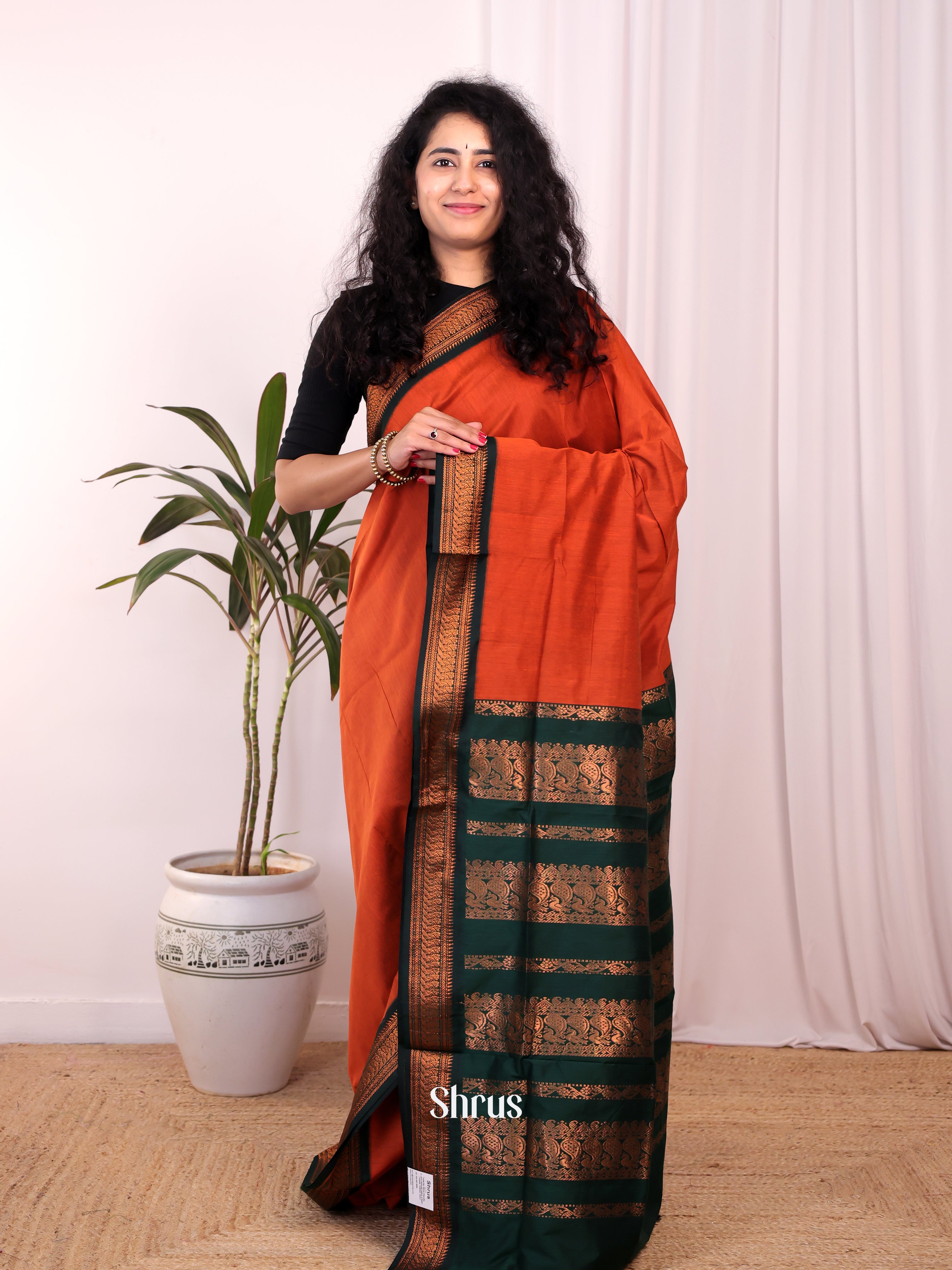 Orange & Green - Kalyani Cotton Saree - Shop on Shrus.com