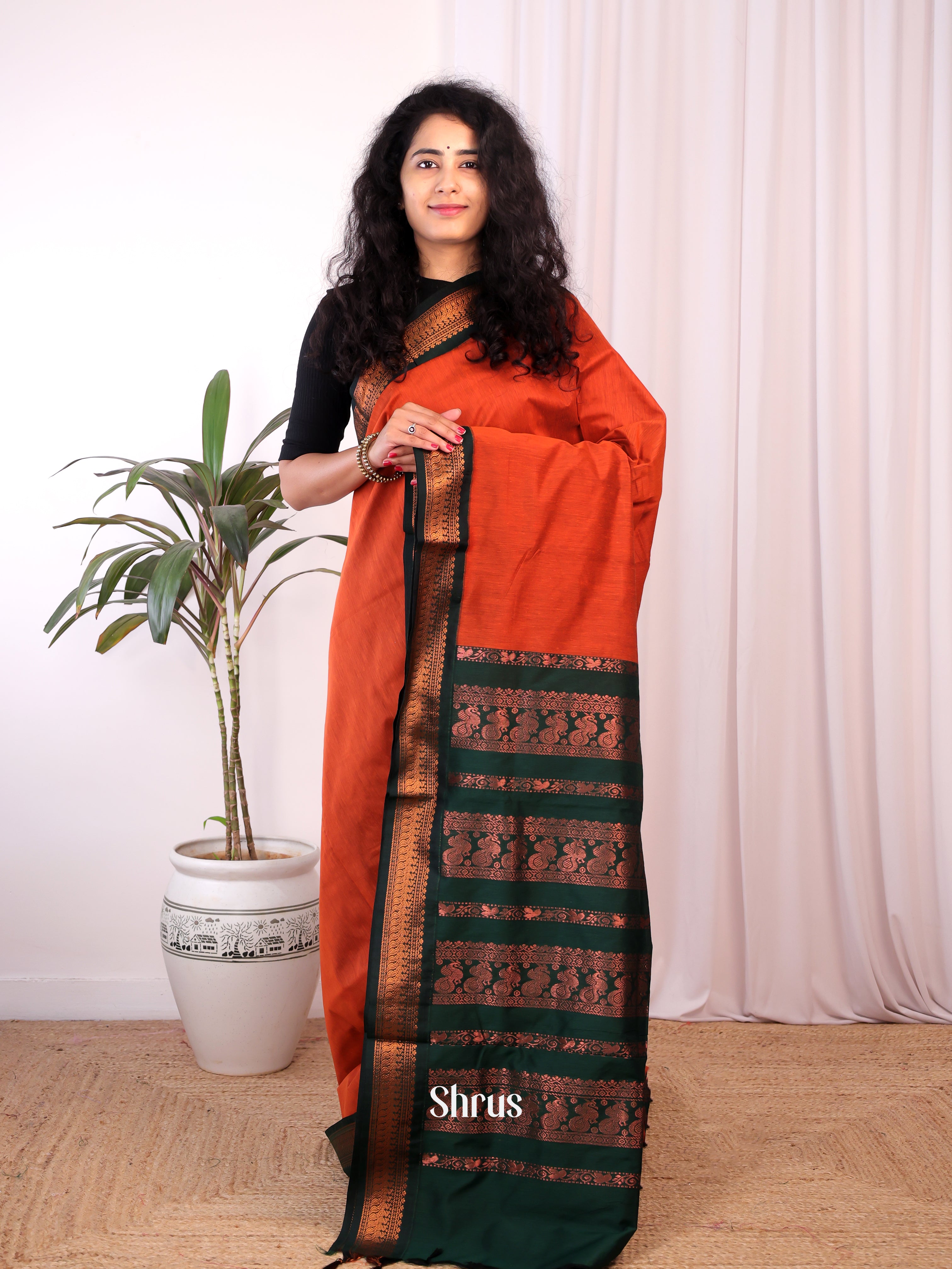 Orange & green- Kalyani Cotton Saree - Shop on Shrus.com