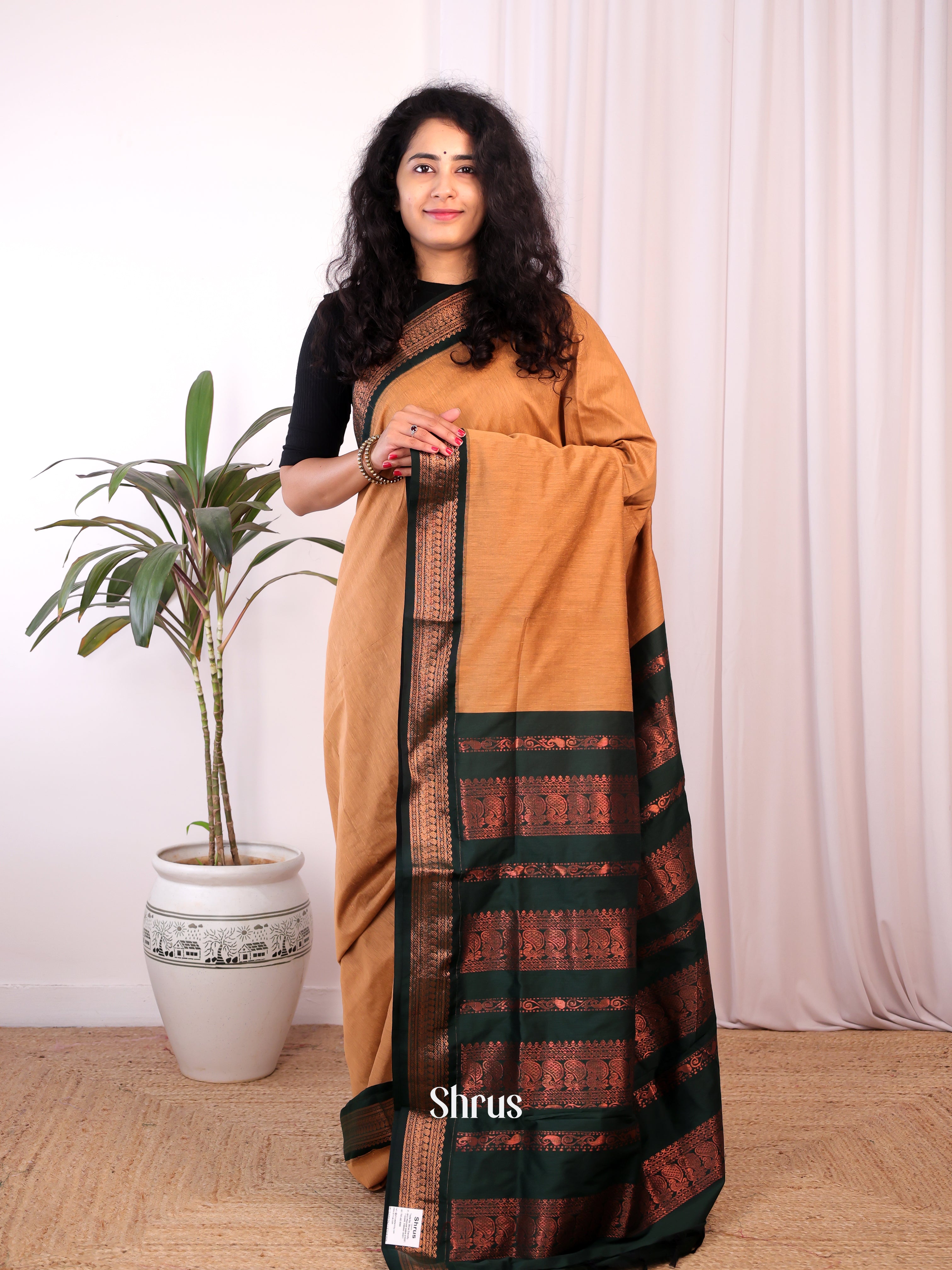 Brown & Green- Kalyani Cotton Saree - Shop on Shrus.com
