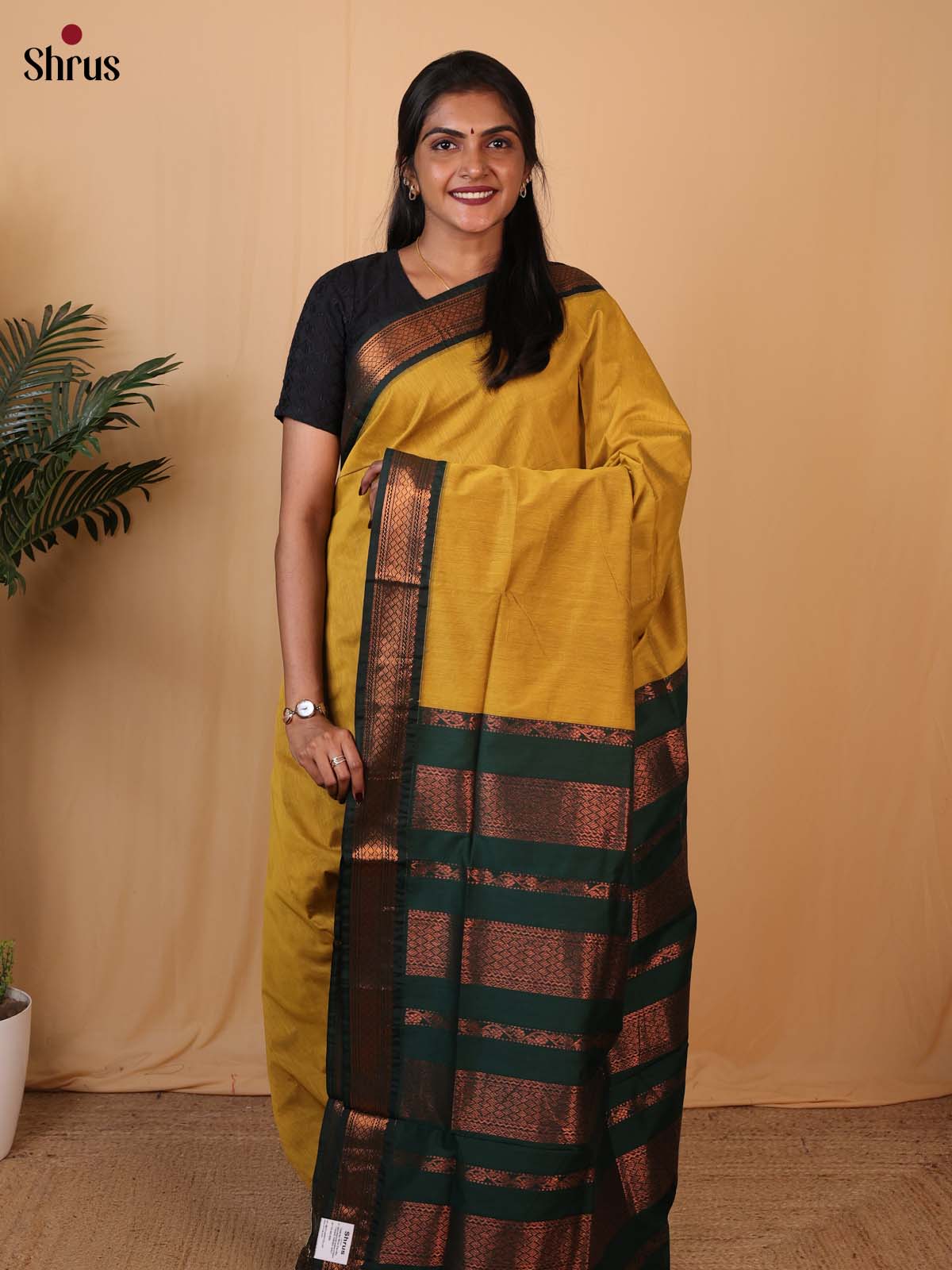 Mustard & Green- Kalyani Cotton Saree - Shop on Shrus.com