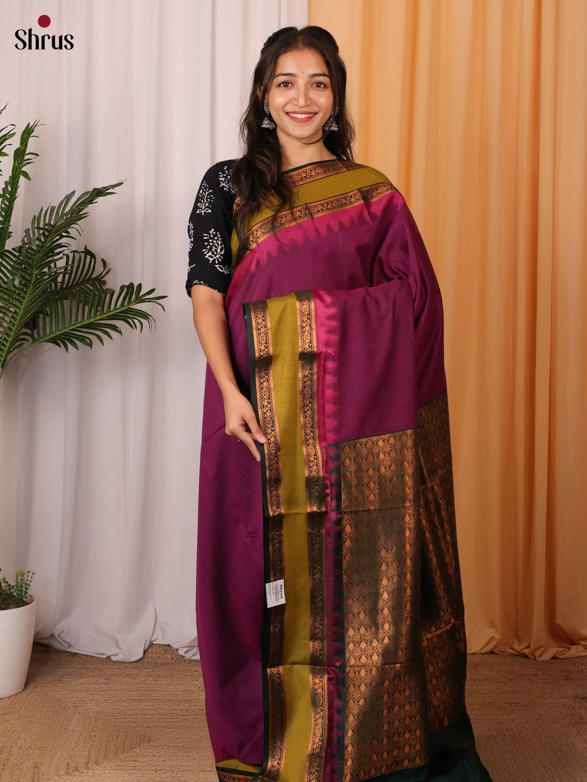 Majestic Purple Kalyani Cotton Saree With Rettapet Border Woven With Copper Zari - Shop on Shrus.com