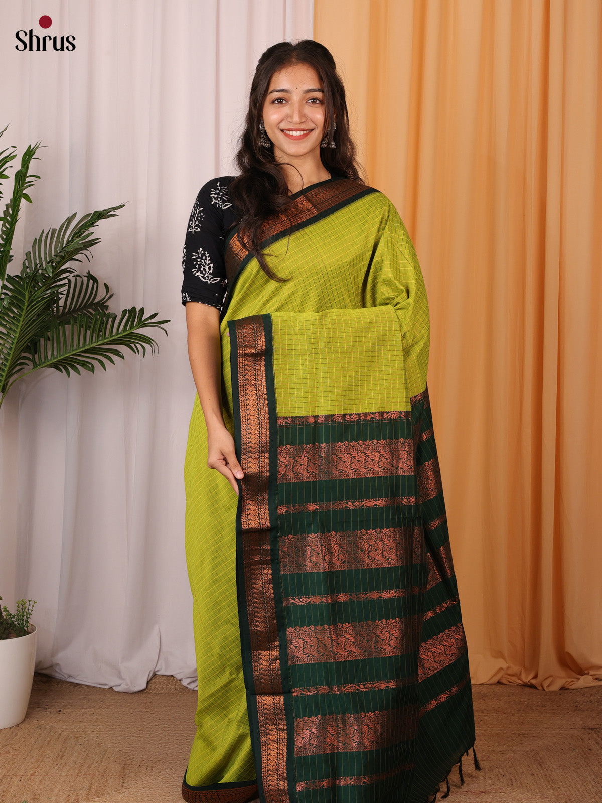 Lite Green & Green - Kalyani Cotton Saree - Shop on Shrus.com