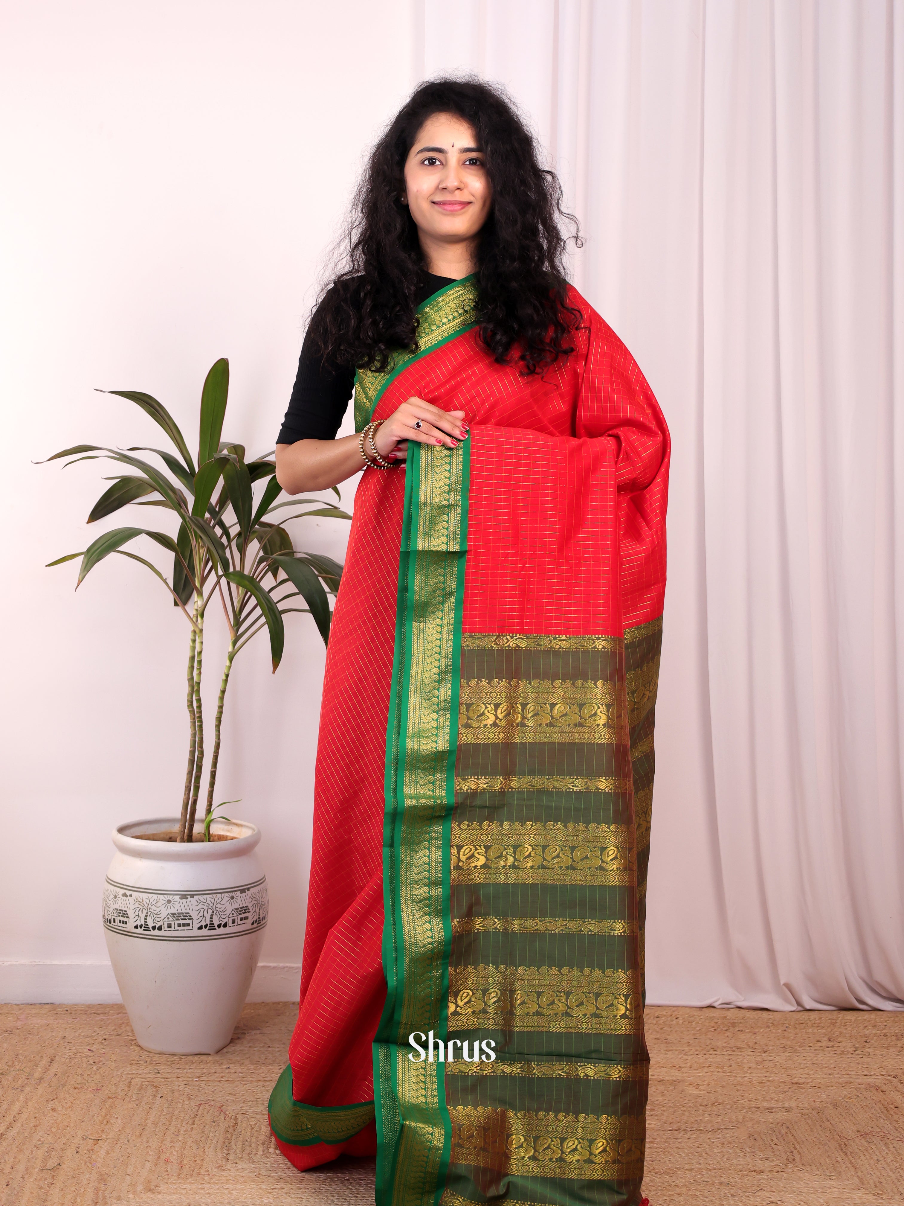 Red & Green - Kalyani Cotton Saree - Shop on Shrus.com