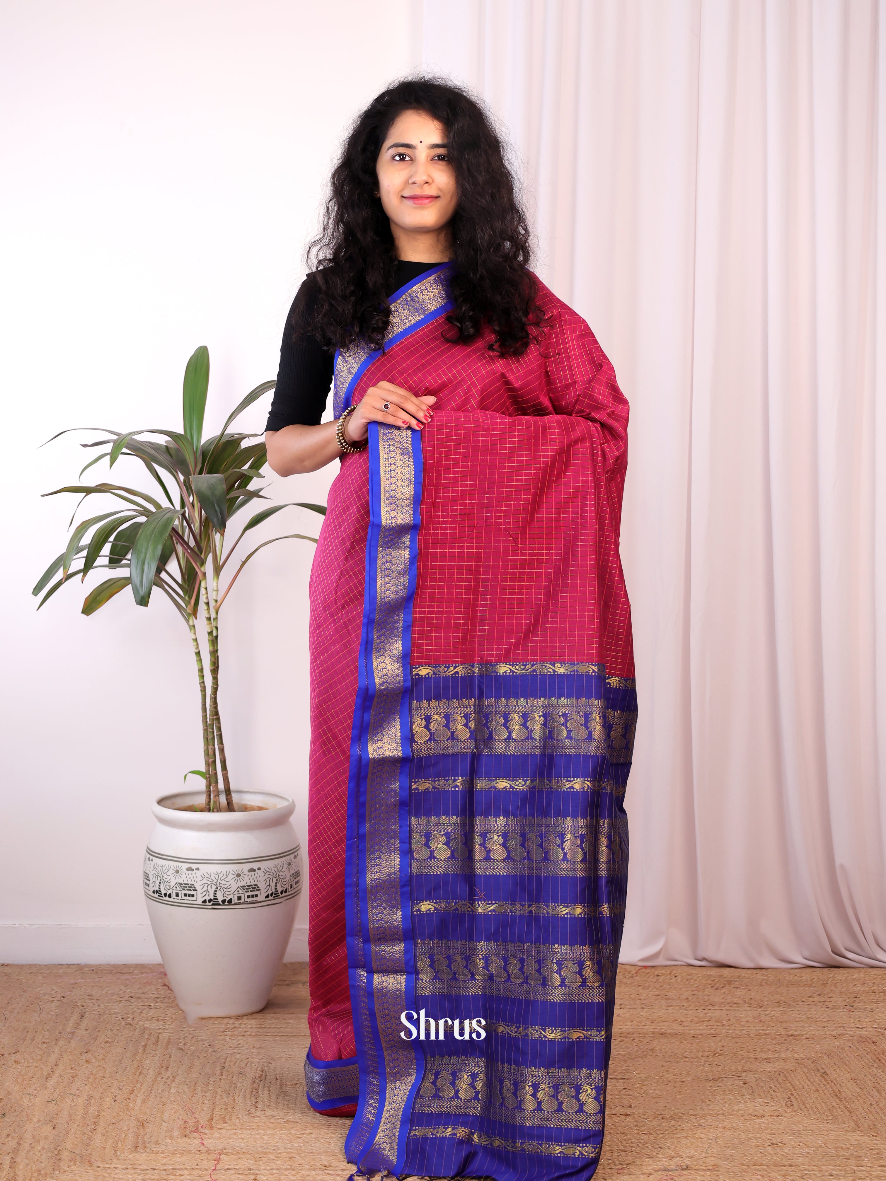 Maroon & Blue - Kalyani Cotton Saree - Shop on Shrus.com