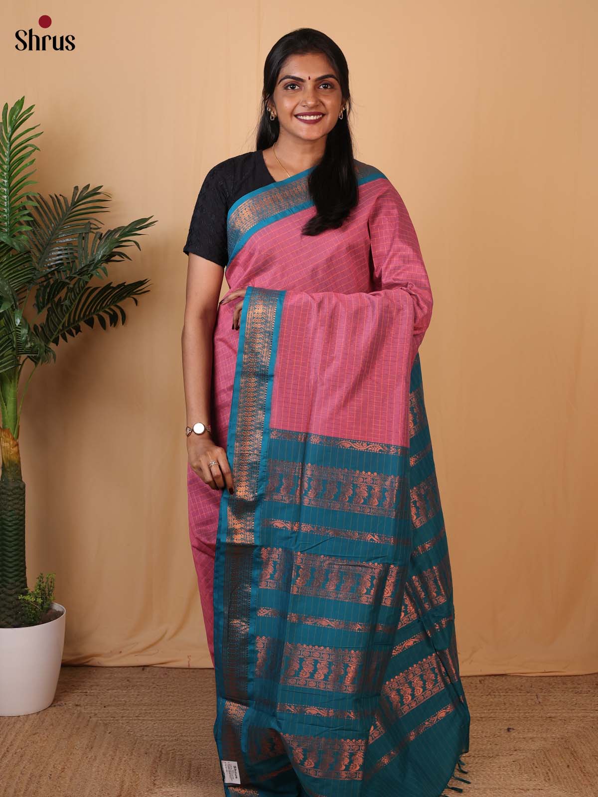 Pink & Blue - Kalyani Cotton Saree - Shop on Shrus.com