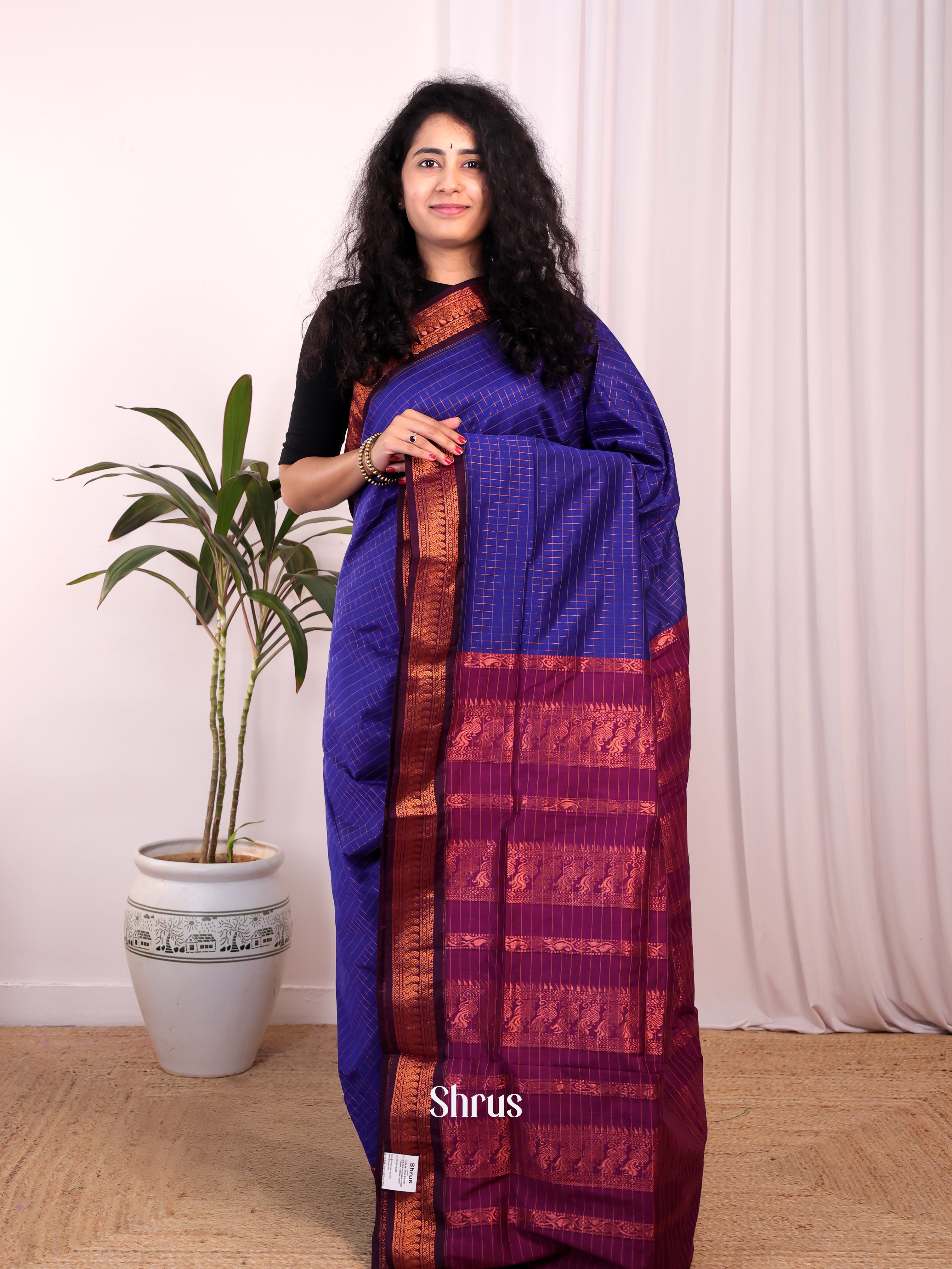 Blue & Majenta - Kalyani Cotton Saree - Shop on Shrus.com