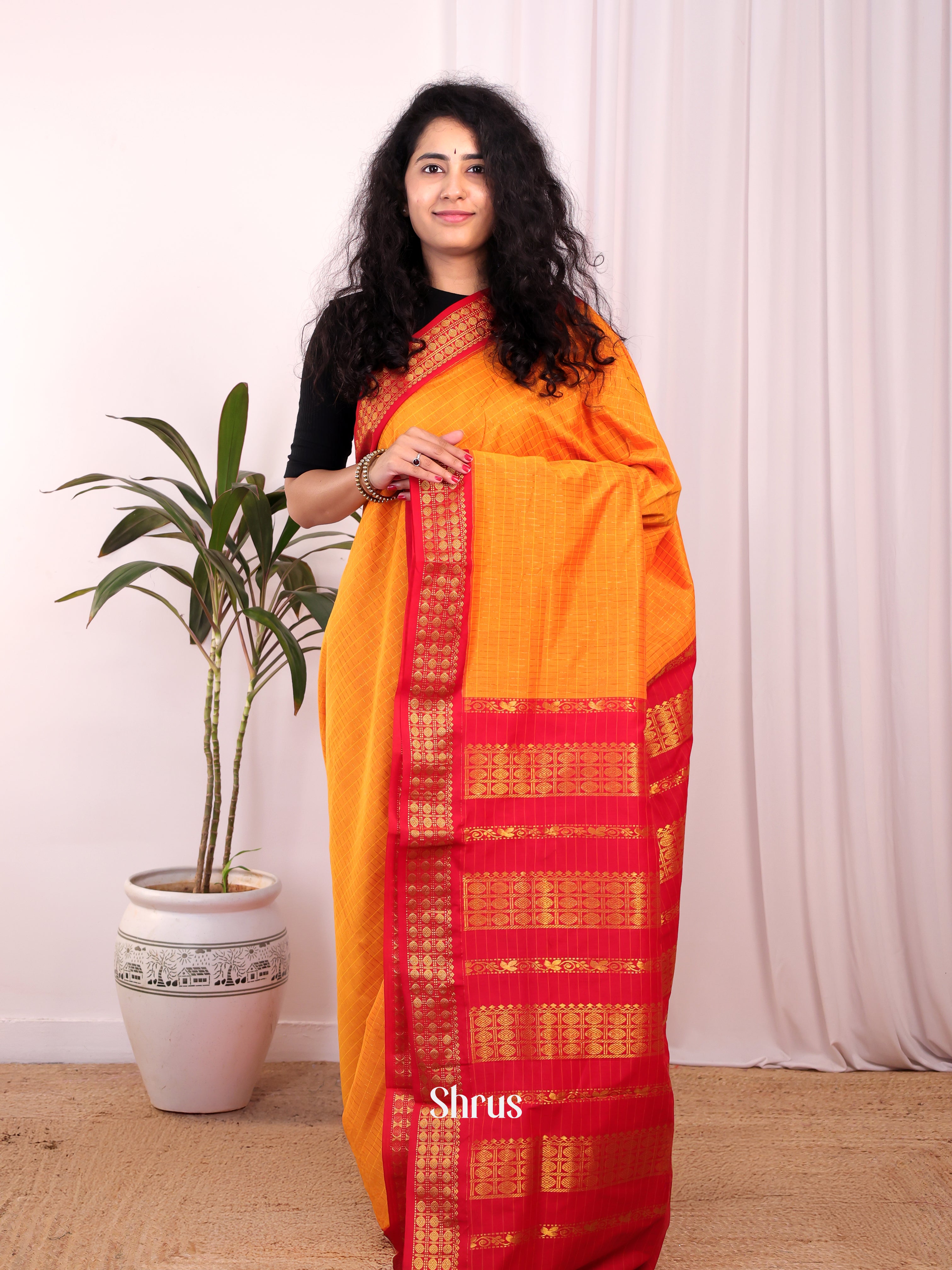 Yellow & Red- Kalyani Cotton Saree - Shop on Shrus.com