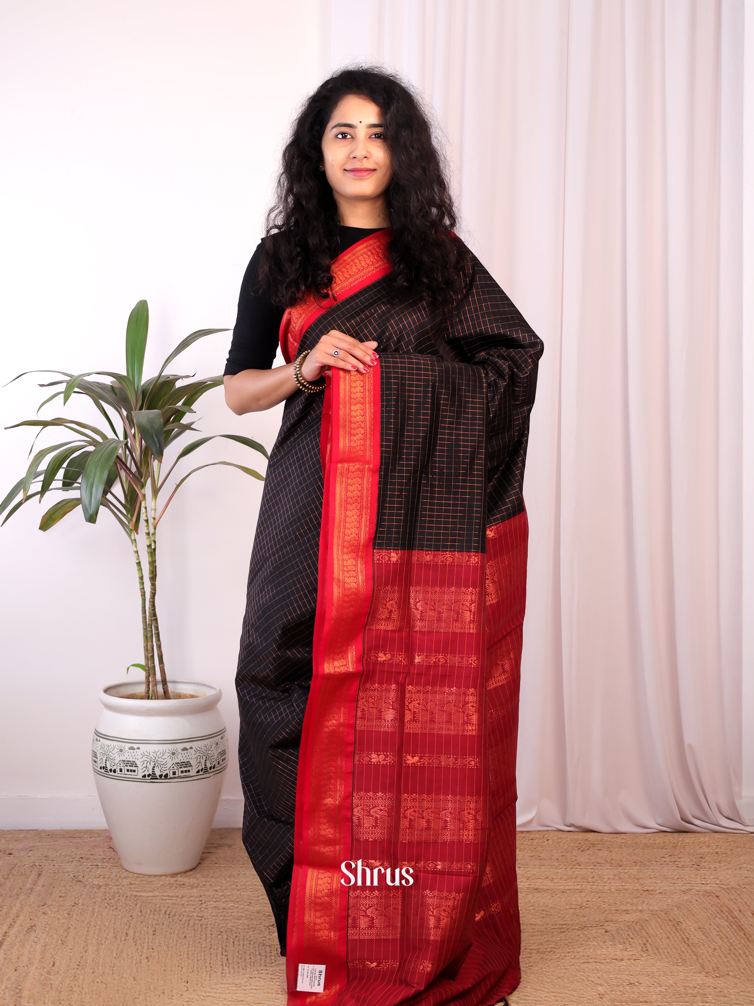 Beautiful Black Kalyani Cotton Saree with Zari Border & Contrast Red Pallu - Shop on Shrus.com
