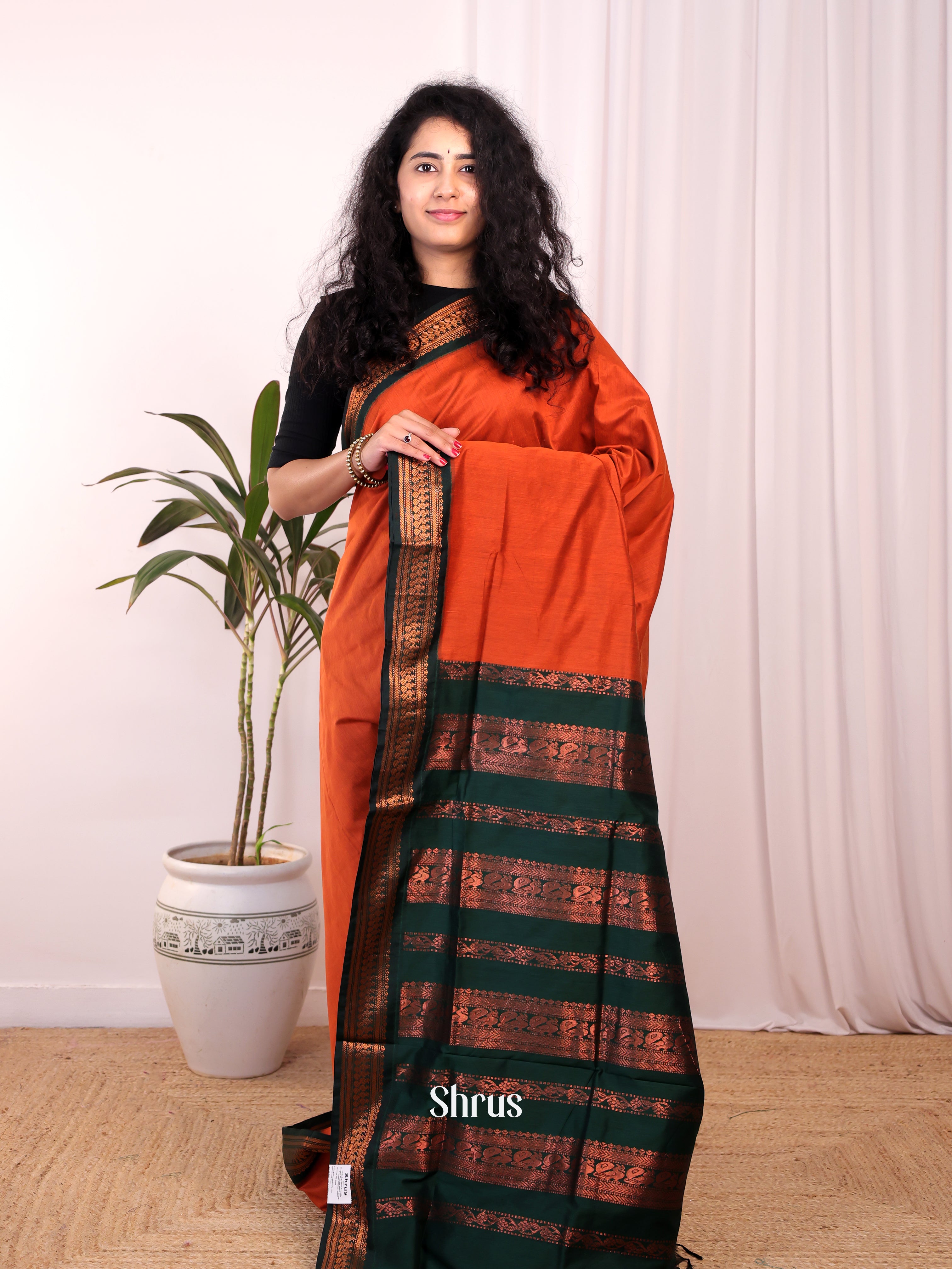 Orange & Green- Kalyani Cotton Saree - Shop on Shrus.com