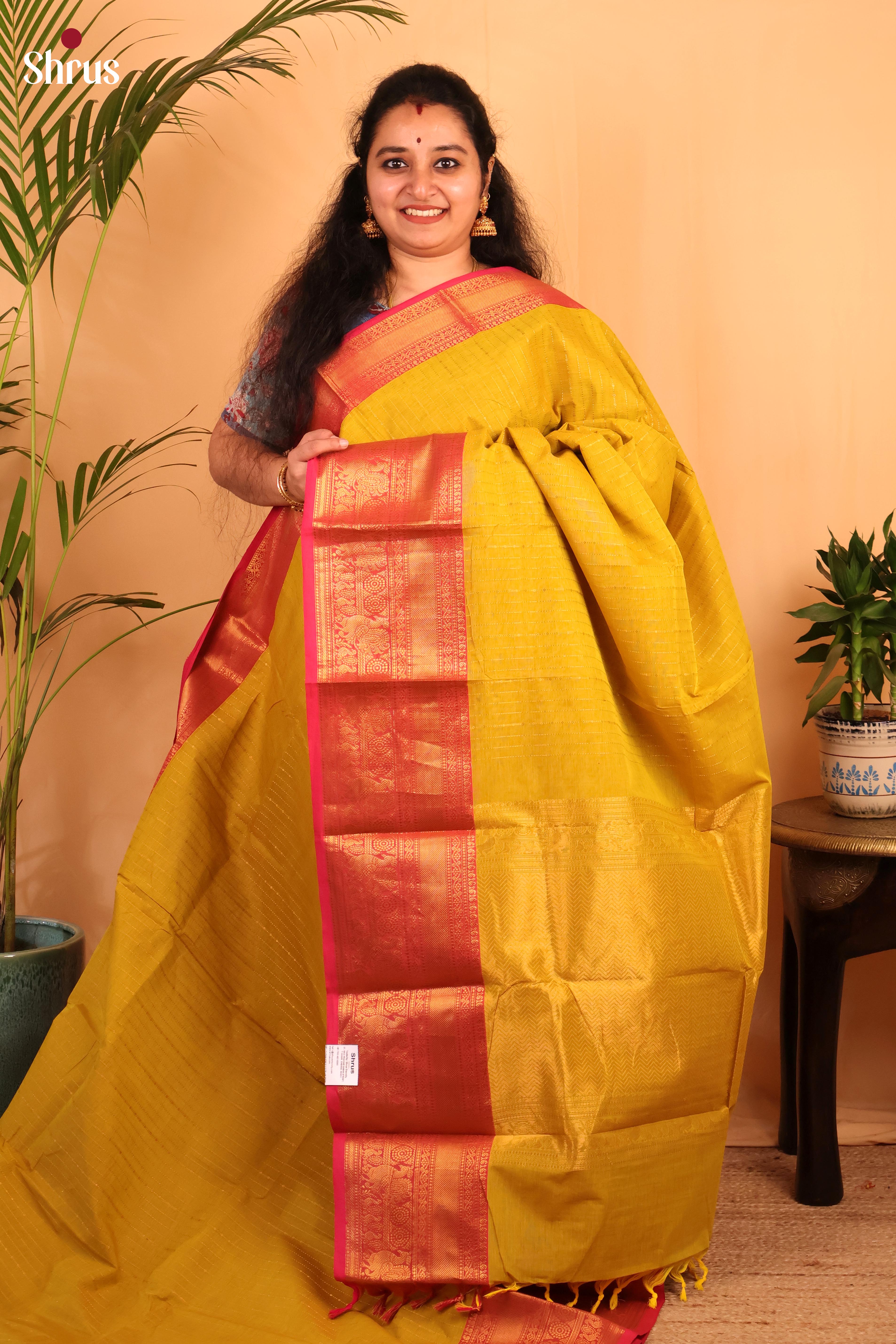 Mustardy Green & Pink - Chettinad Cotton Saree - Shop on Shrus.com
