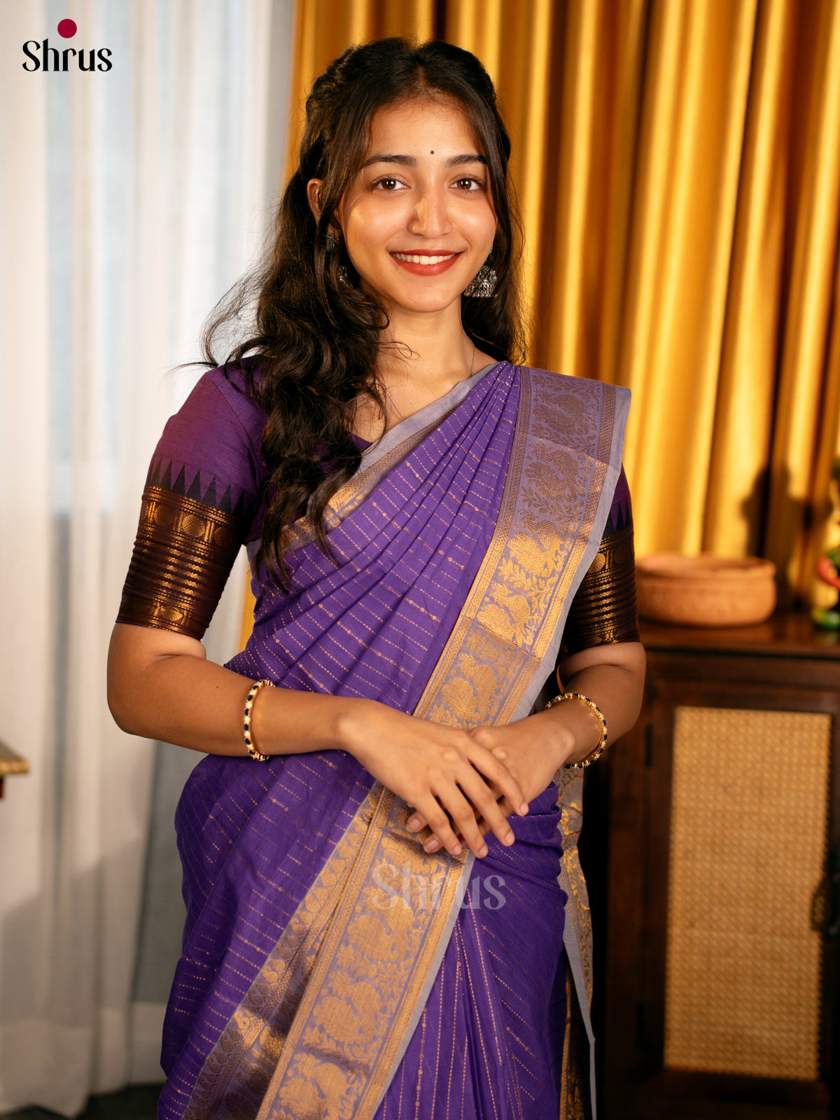 Radiant Purple Chettinad Handloom Cotton Saree with Zari Border & Pallu - Shop on Shrus.com