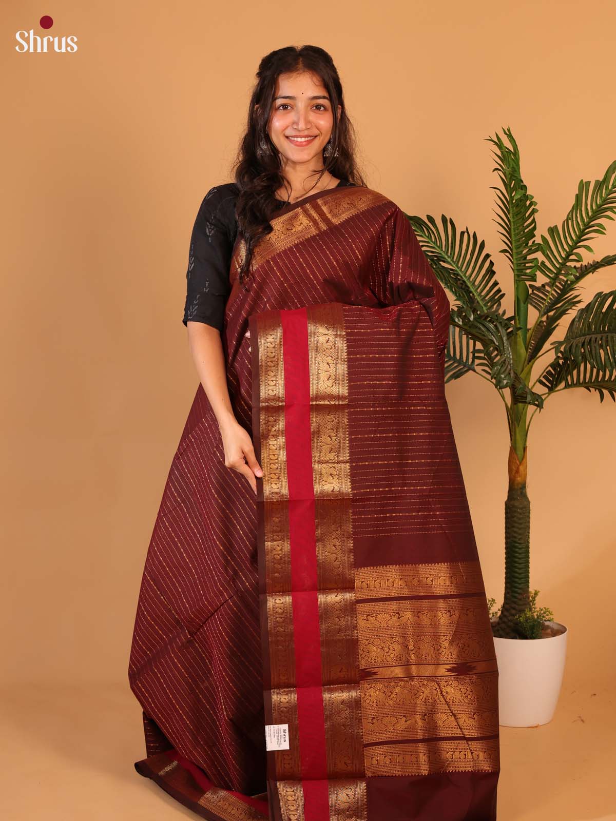 Brown & Red - Chettinad Cotton Saree - Shop on Shrus.com