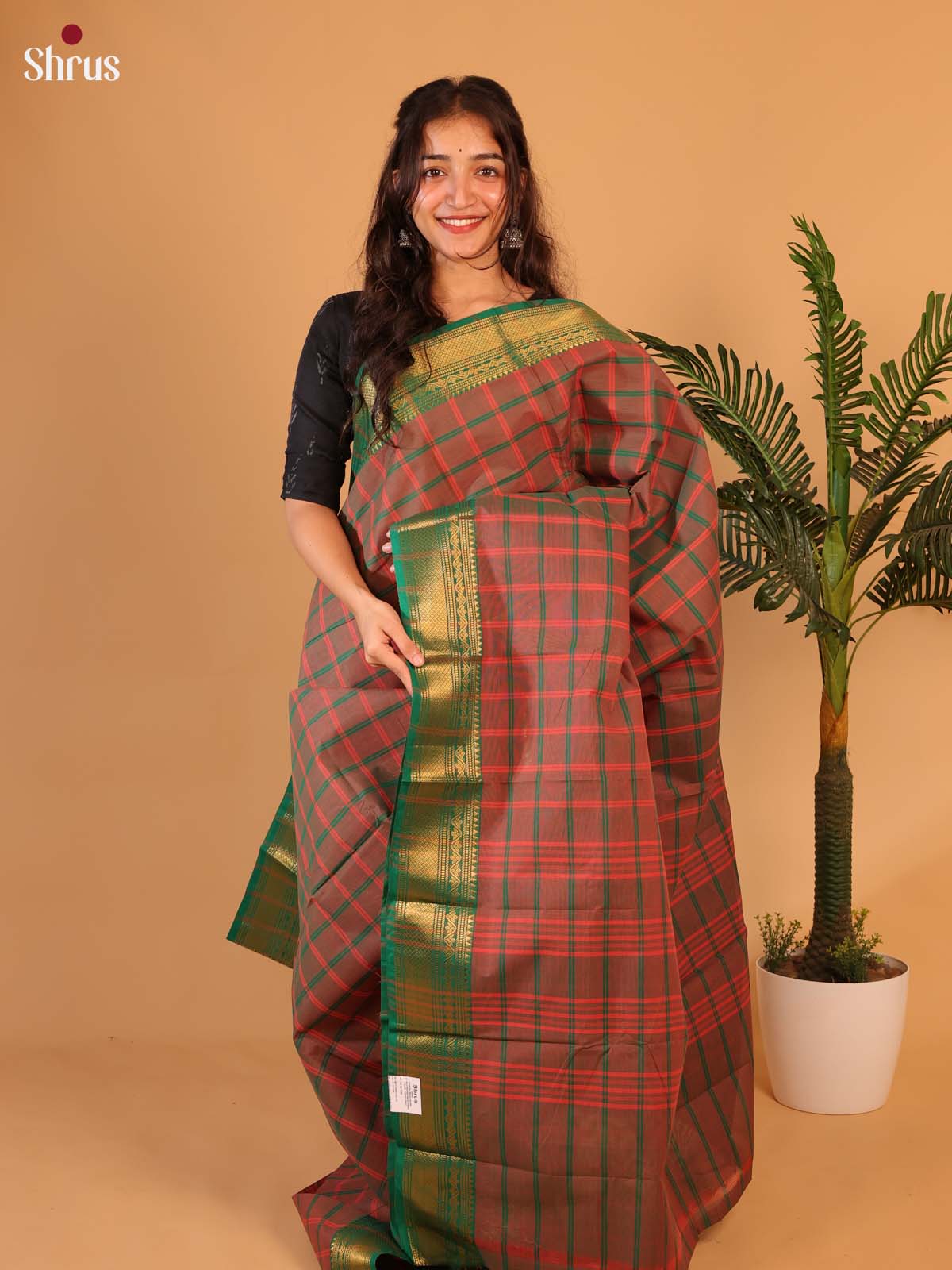 Brown & Green- Chettinad Cotton Saree - Shop on Shrus.com