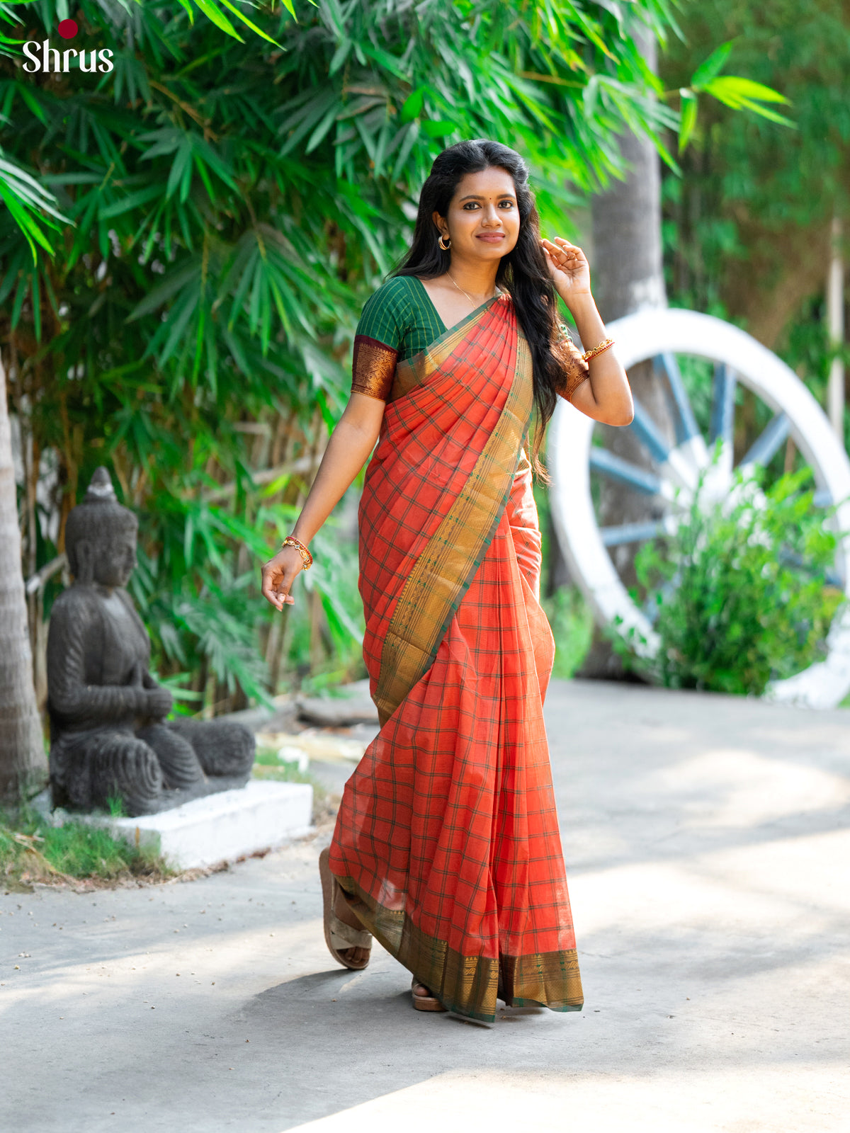 Chic Tomato Red Chettinad Cotton Saree with Green Zari Border & Self Pallu - Shop on Shrus.com