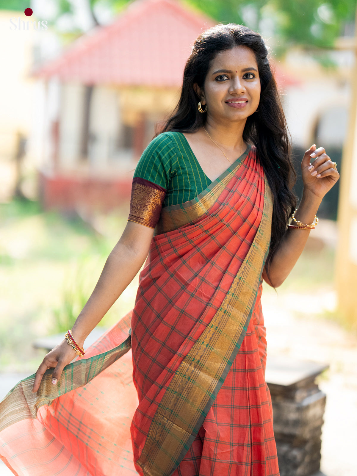 Chic Tomato Red Chettinad Cotton Saree with Green Zari Border & Self Pallu - Shop on Shrus.com