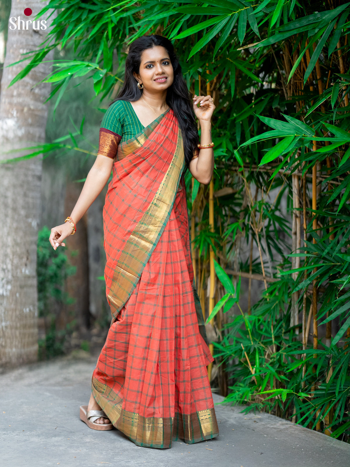 Chic Tomato Red Chettinad Cotton Saree with Green Zari Border & Self Pallu - Shop on Shrus.com