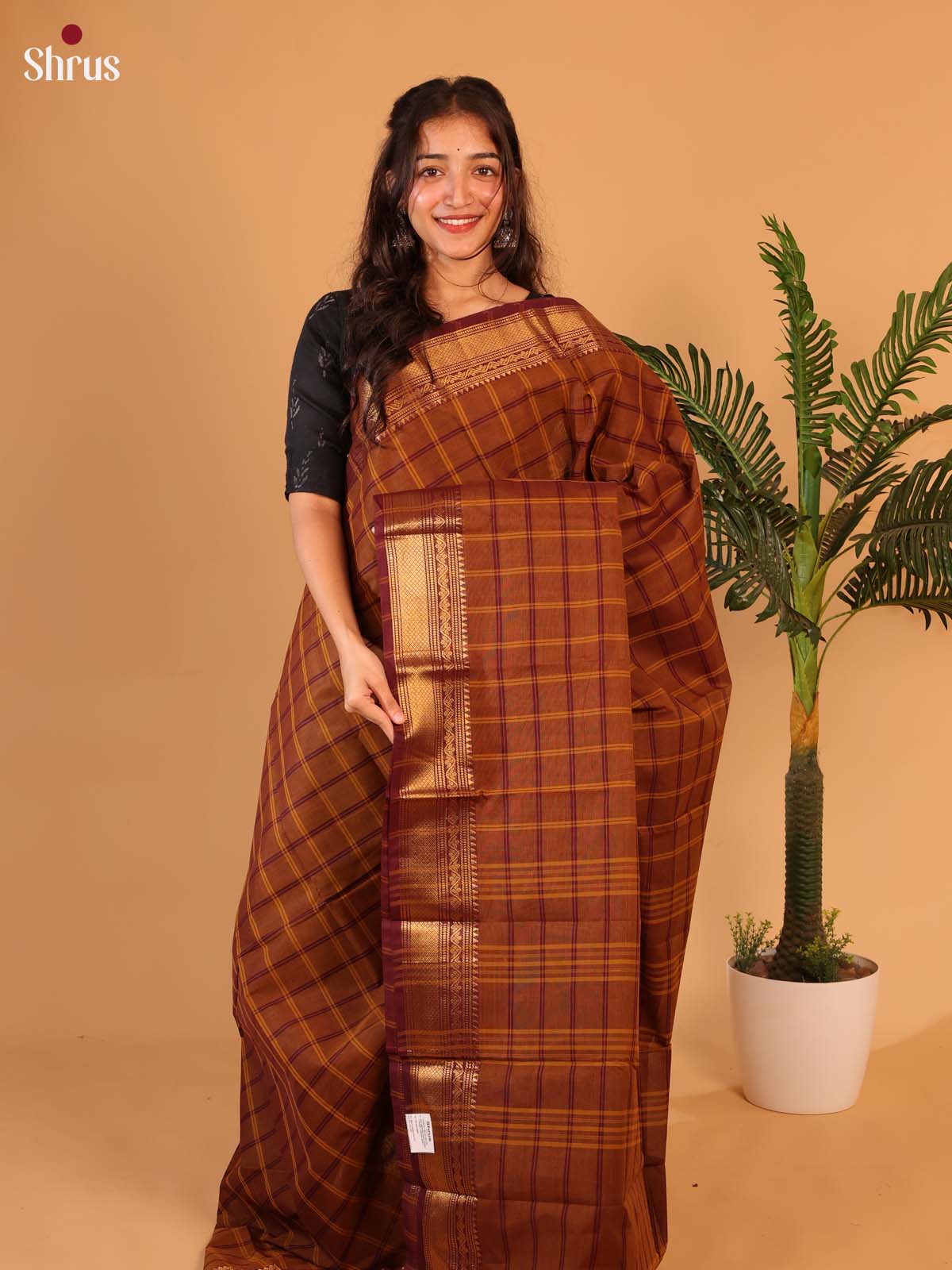 Brown - Chettinad Cotton Saree - Shop on Shrus.com
