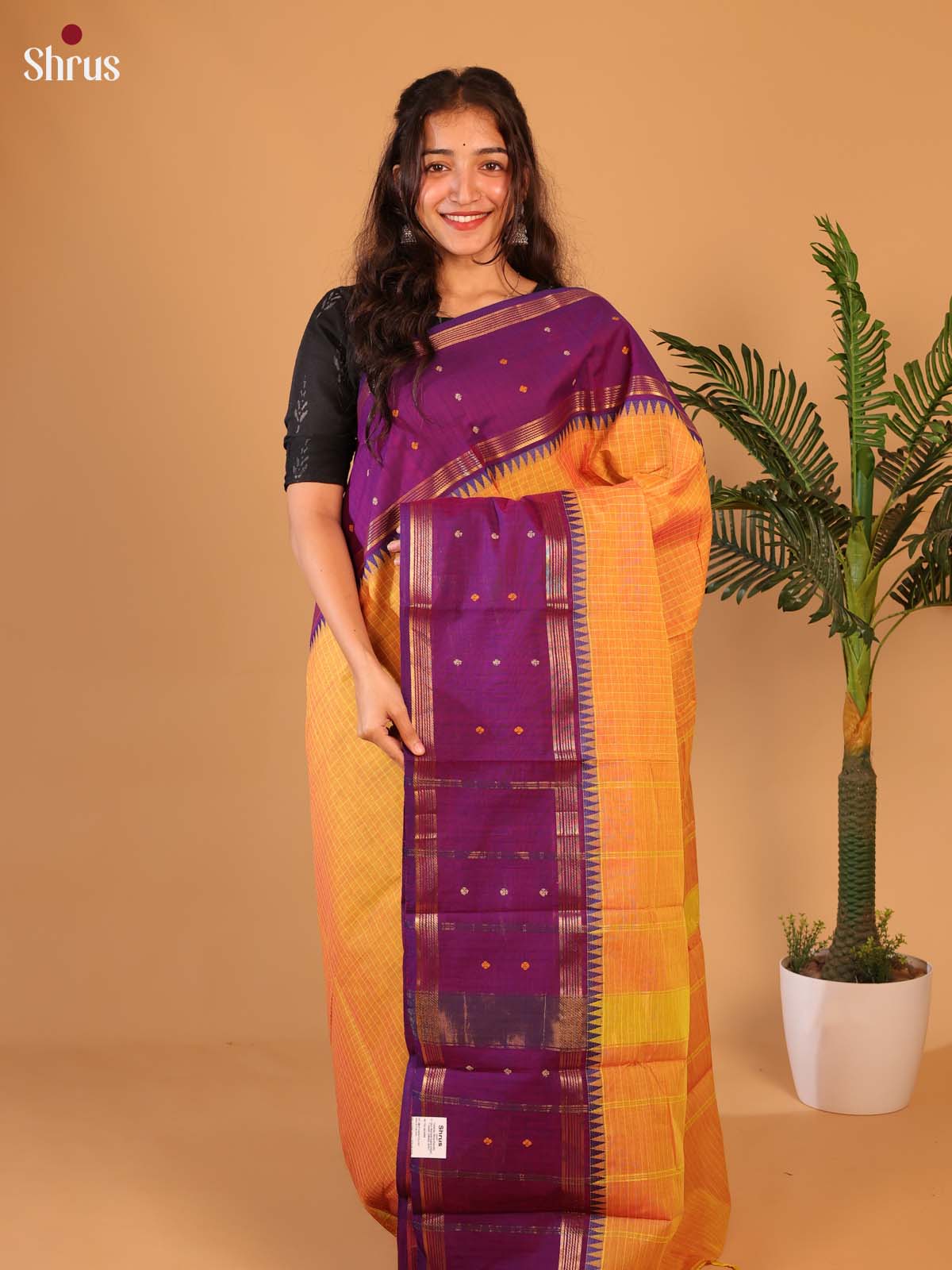 Mustard & Purple- Chettinad Cotton Saree - Shop on Shrus.com