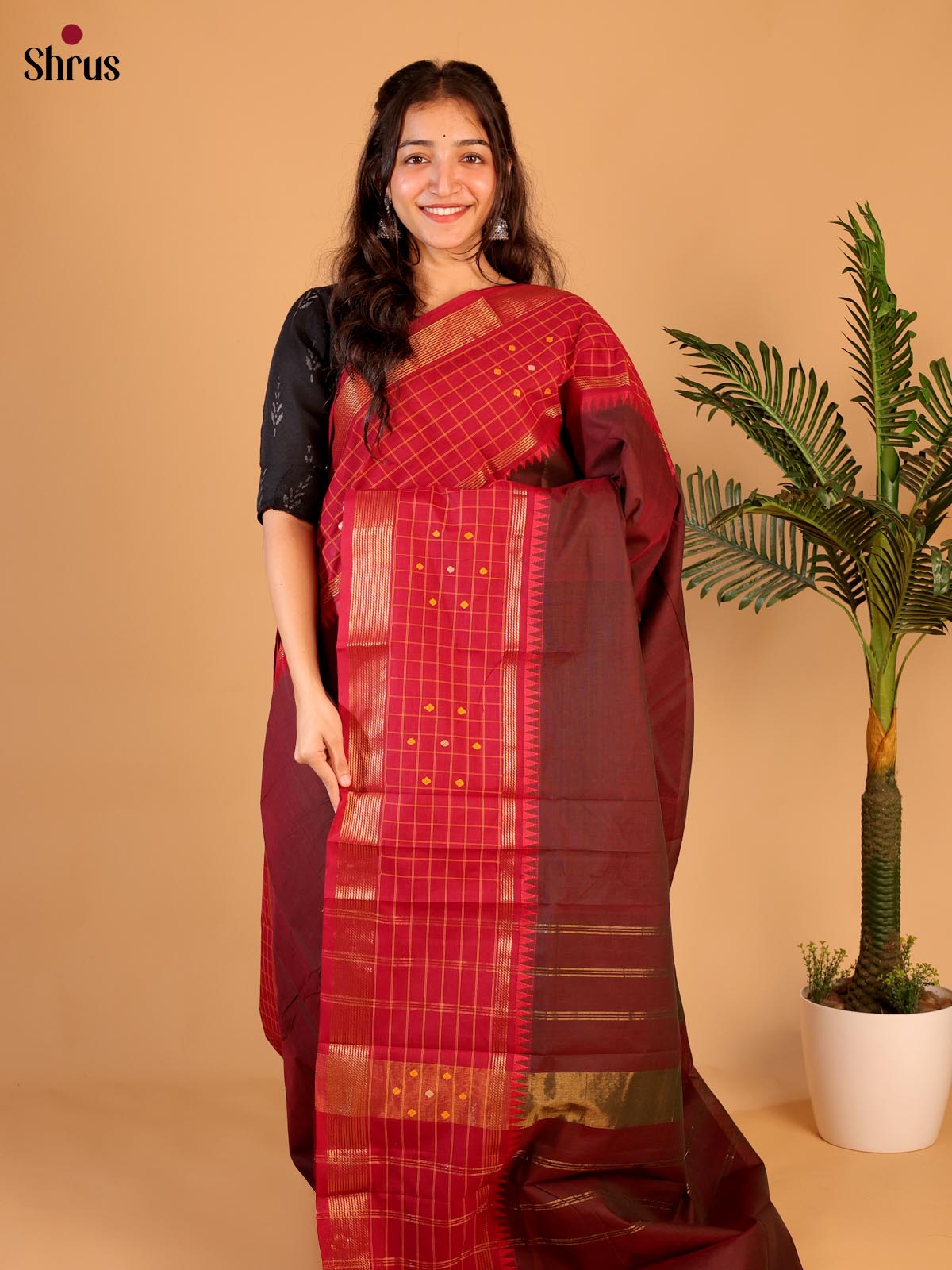 Brown & Red - Chettinad Cotton Saree - Shop on Shrus.com