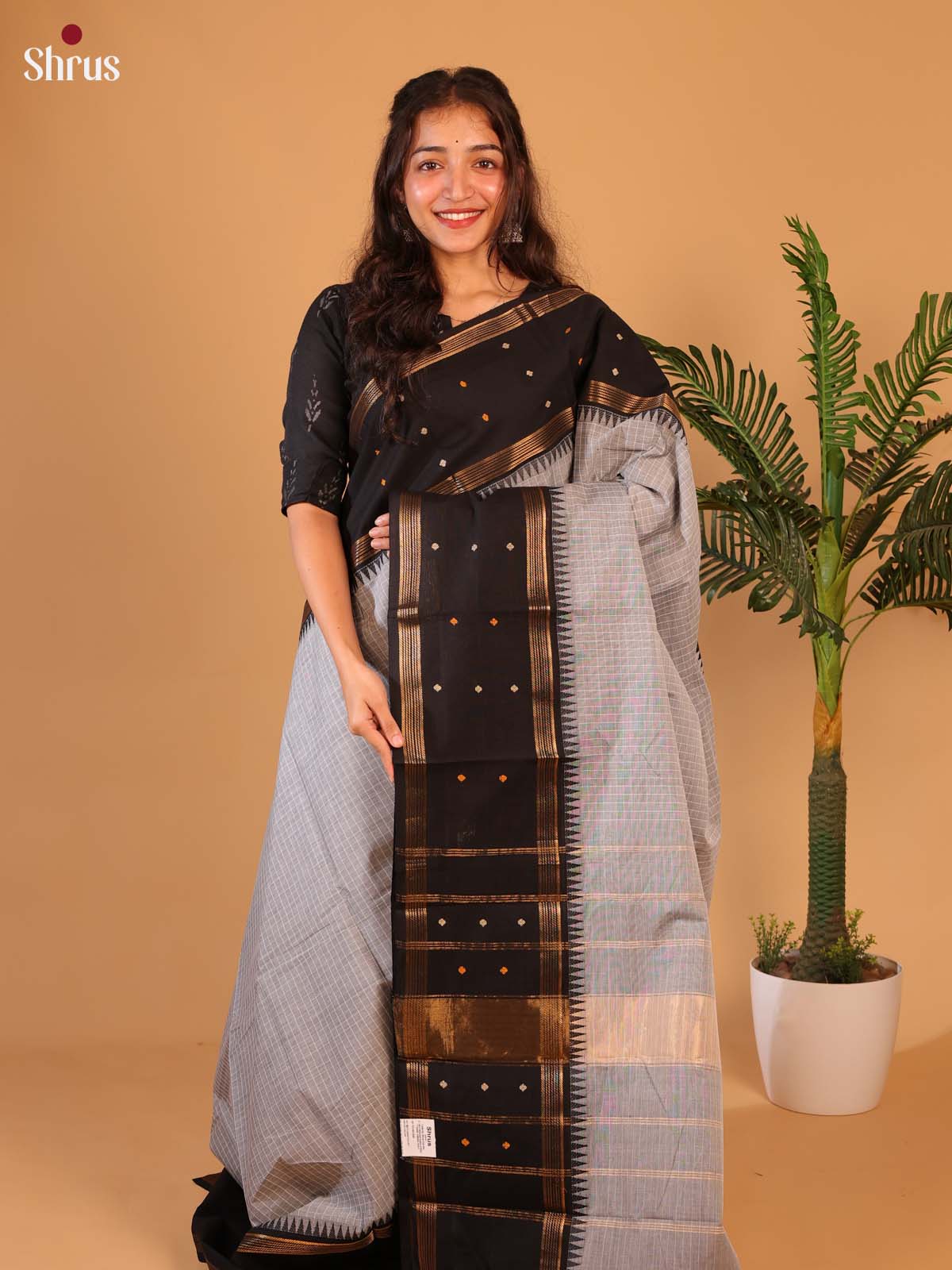 Grey & Black - Chettinad Cotton Saree - Shop on Shrus.com