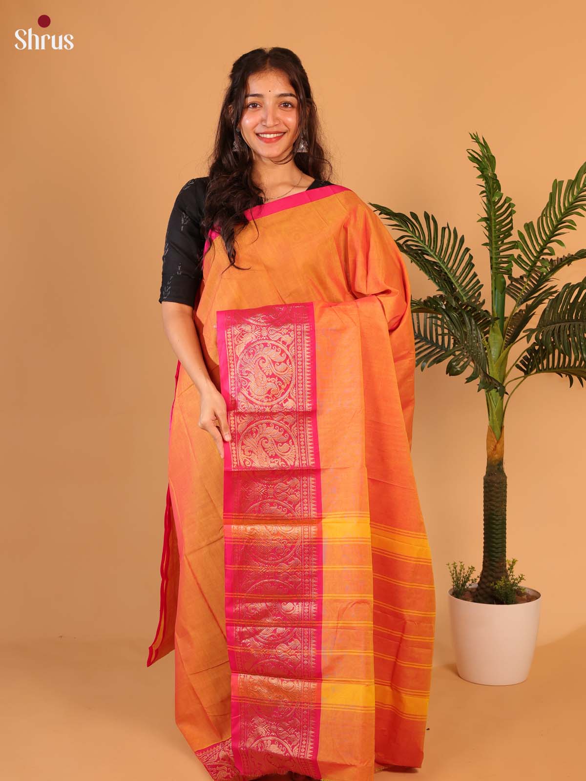 Orange & Pink- Chettinad Cotton Saree - Shop on Shrus.com