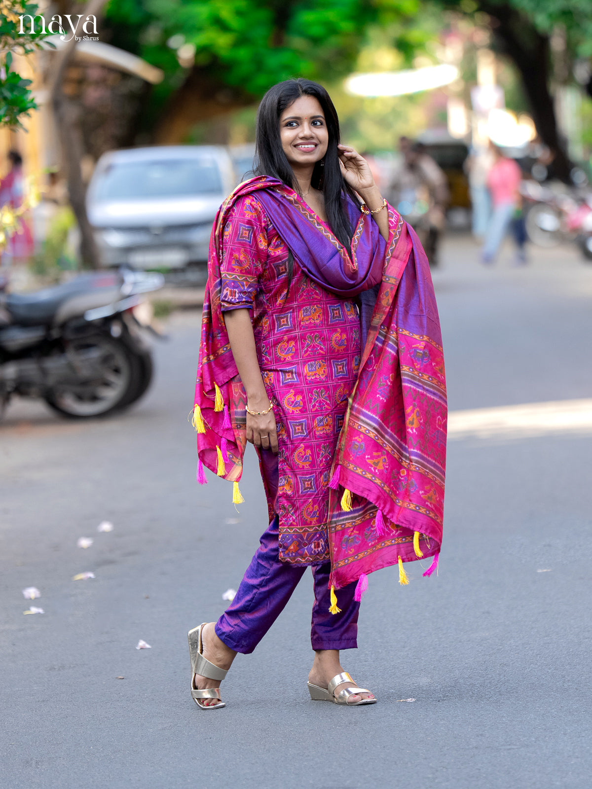 Pink & Purple- semi patola Unstitched Top, Bottom & Dupatta - CKS14017 - Shop on Shrus.com